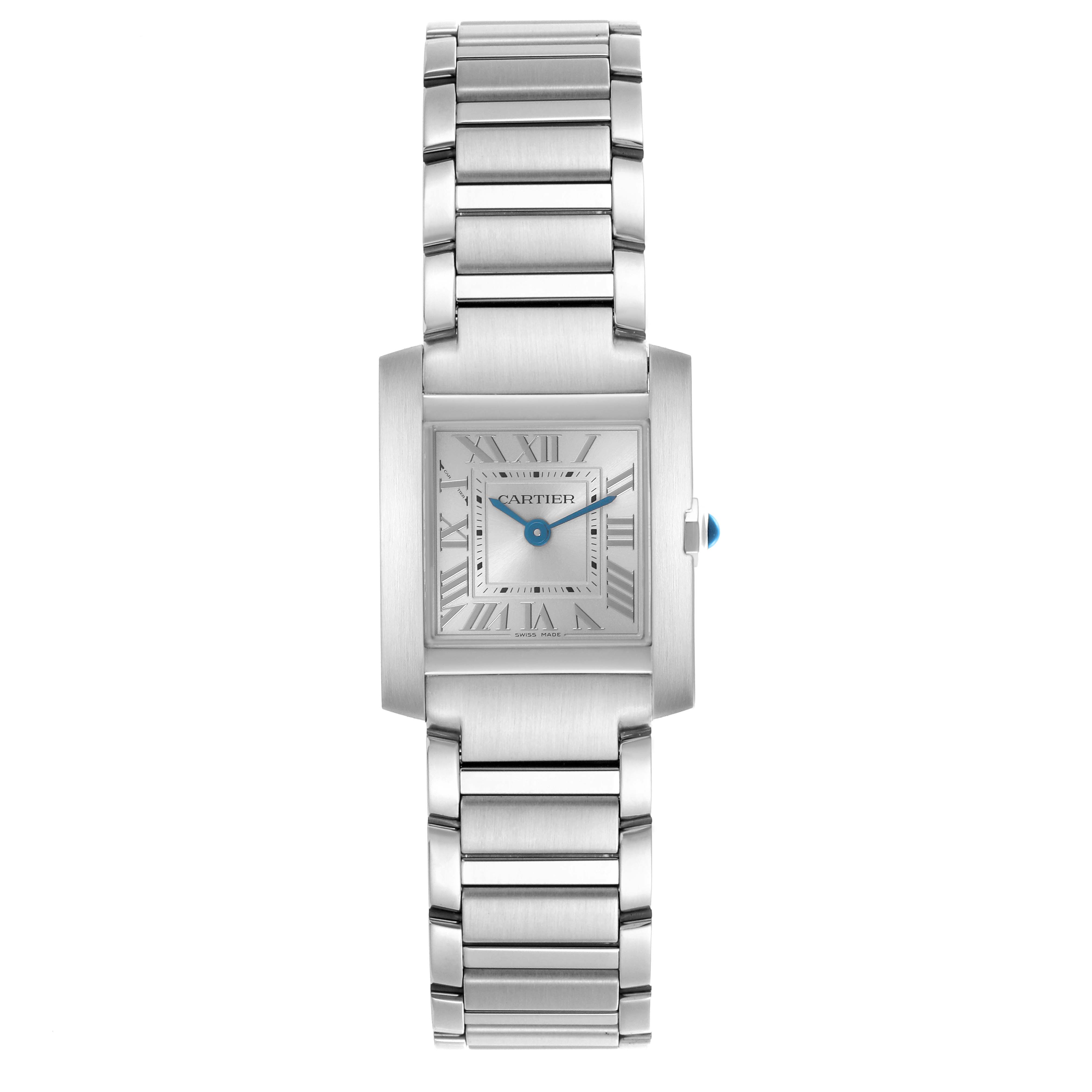 The Tank Française by Cartier is shown from the front, featuring its rectangular face, silver bracelet, and blue accent on the crown.