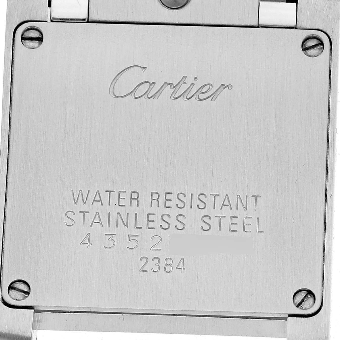 The image shows the back case of the Cartier Tank Francaise W51008Q3 Women's Stainless Steel Silver Dial W51008Q3 Women's Stainless Steel Silver Dial watch, highlighting its water resistance and stainless steel features.
