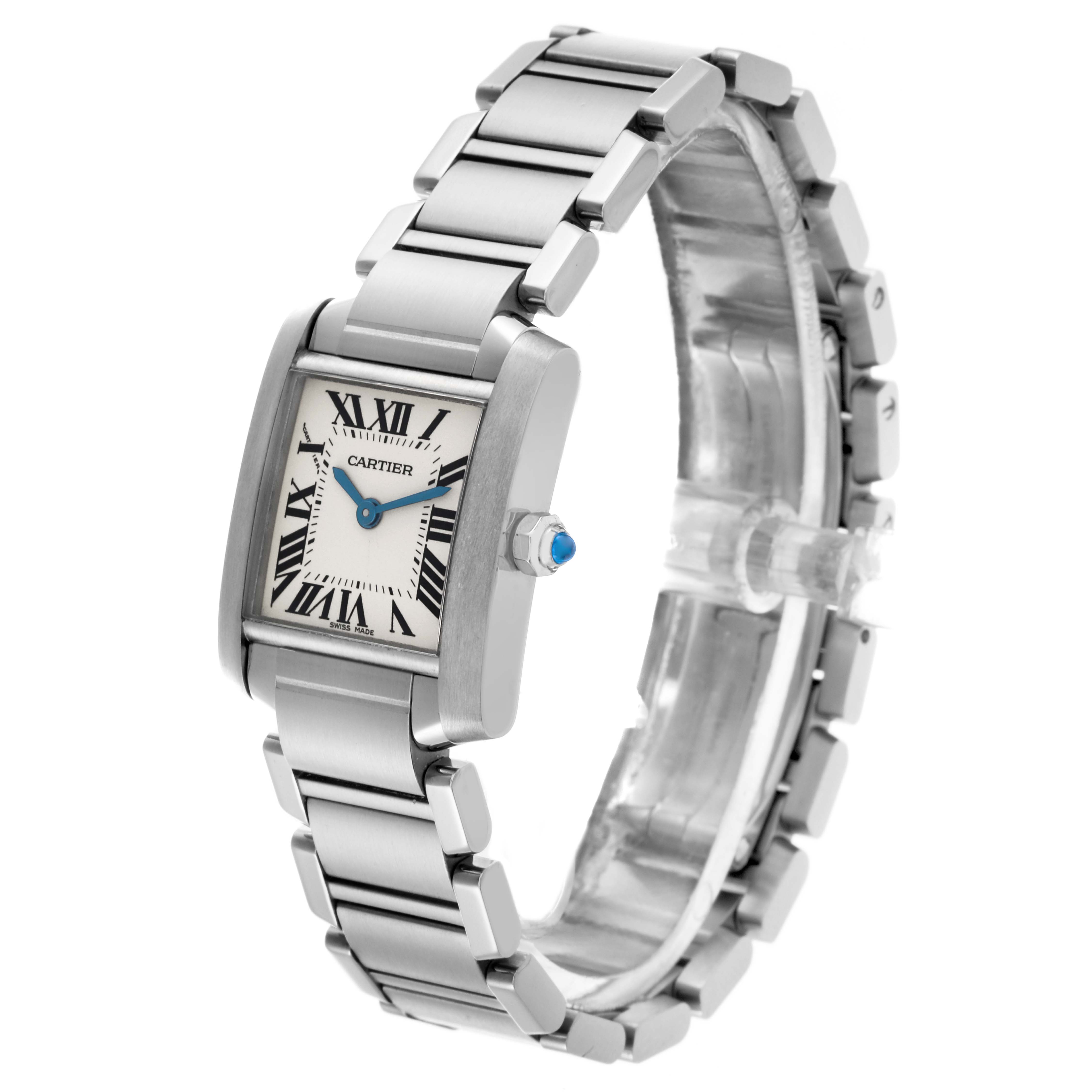 The Cartier Tank Française watch is shown at a three-quarter angle, highlighting the face, bracelet, and side profile.