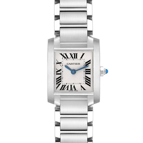 The Cartier Tank Française watch is shown from a front angle, displaying the face, bracelet, and the crown with a blue cabochon.