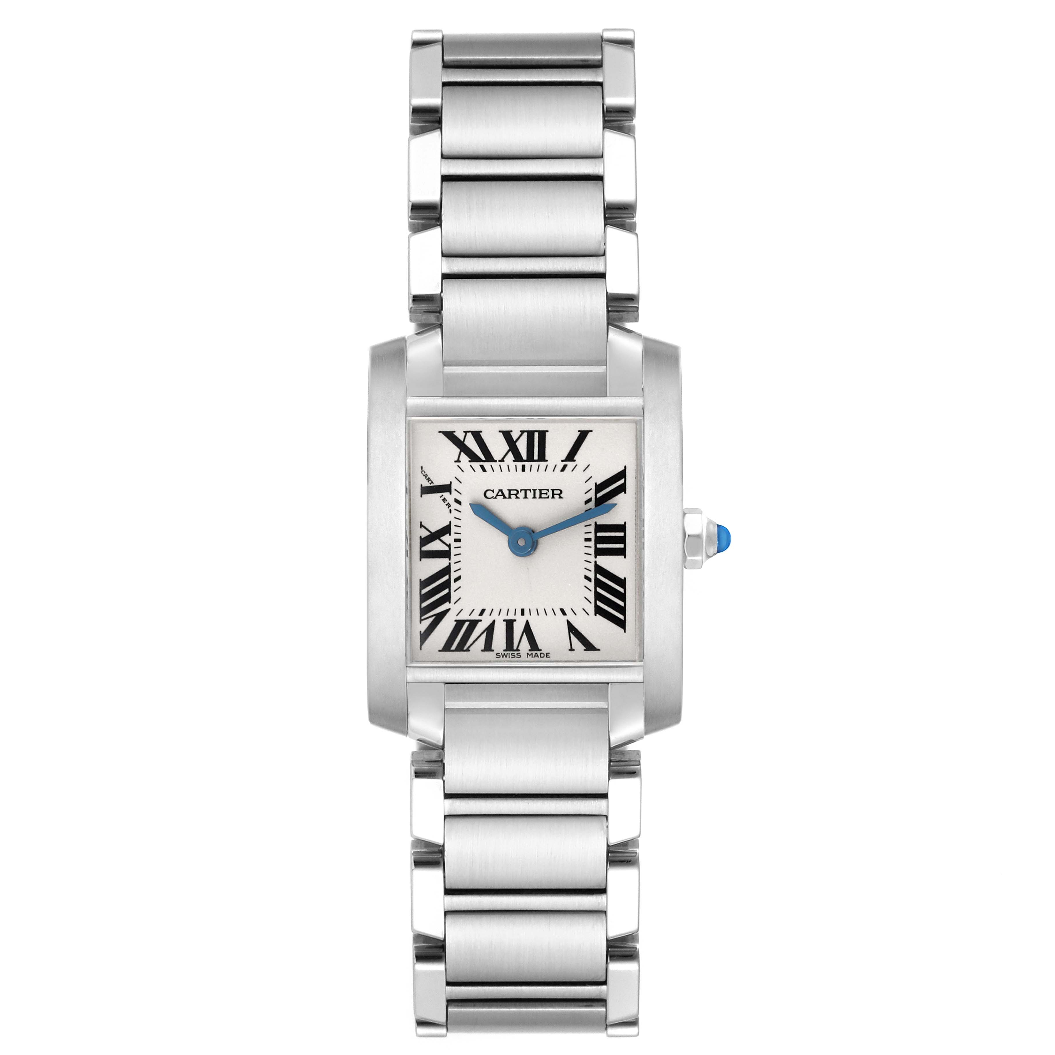 The Cartier Tank Francaise W51008Q3 Women's Stainless Steel Silver Dial W51008Q3 Women's Stainless Steel Silver Dial watch is shown from a front angle, highlighting the face, Roman numerals, and bracelet.