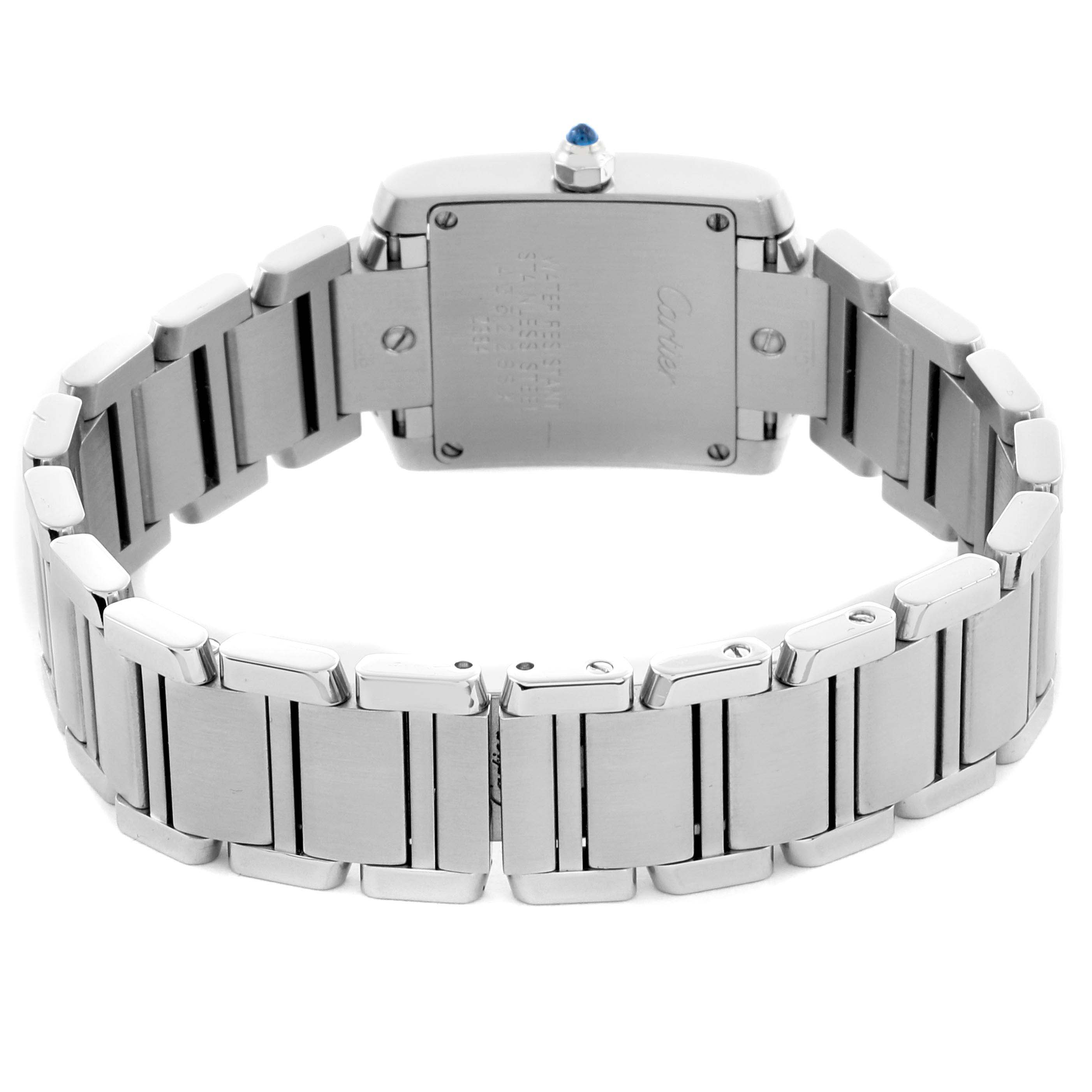 The Cartier Tank Francaise W51008Q3 Women's Stainless Steel Silver Dial W51008Q3 Women's Stainless Steel Silver Dial watch is shown from the back, highlighting its stainless steel bracelet and caseback.