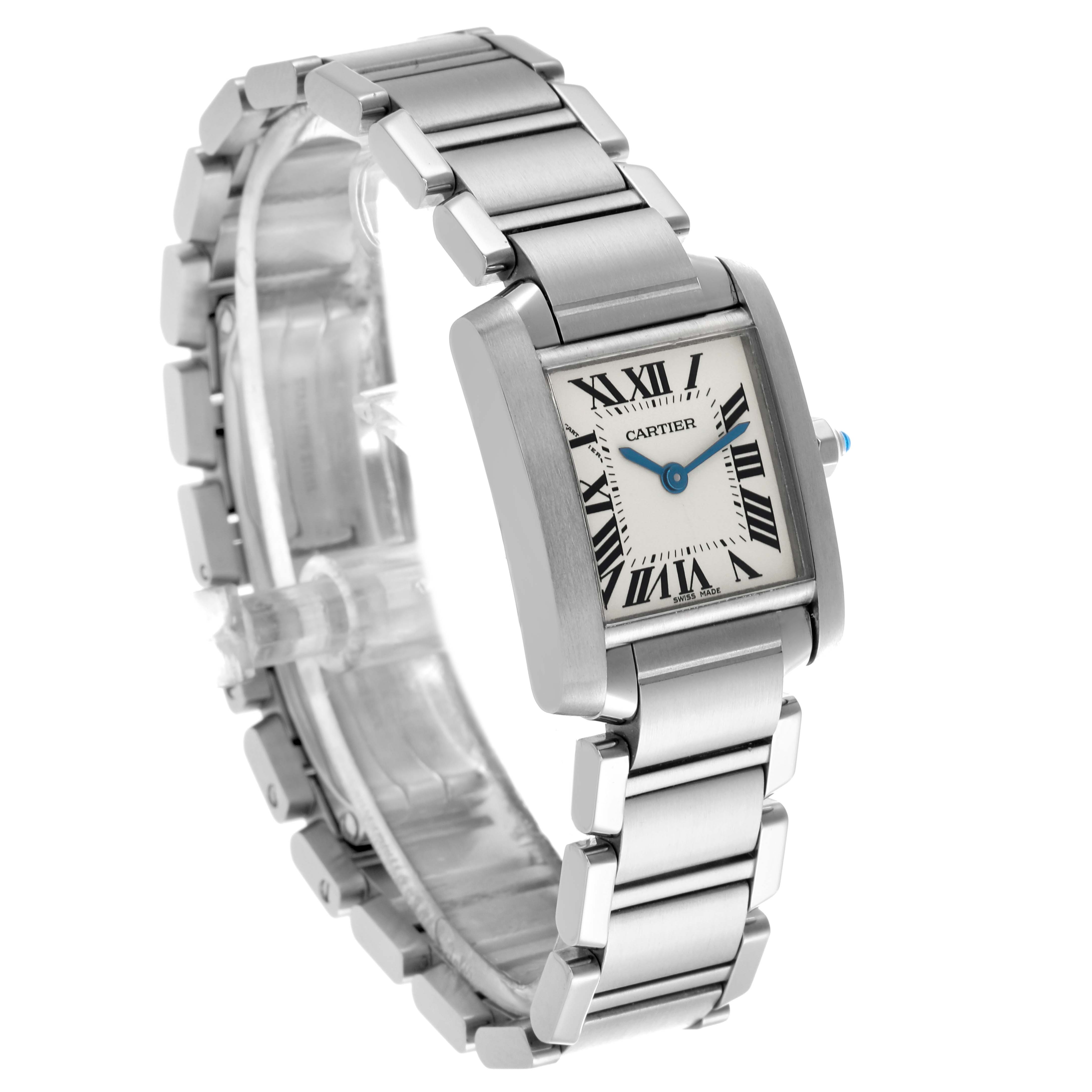 The Cartier Tank Française watch is shown at a slight angle, highlighting the bracelet, dial, crown, and case.