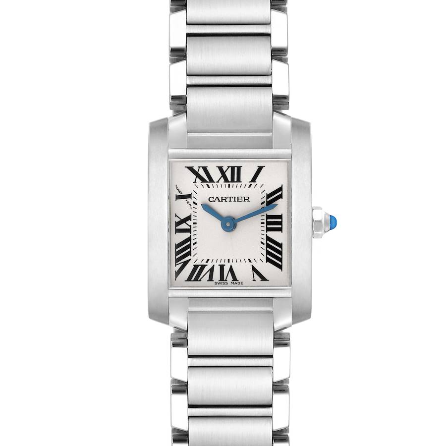 The Cartier Tank Française watch is shown from a front angle, highlighting the face, bracelet, and side crown.