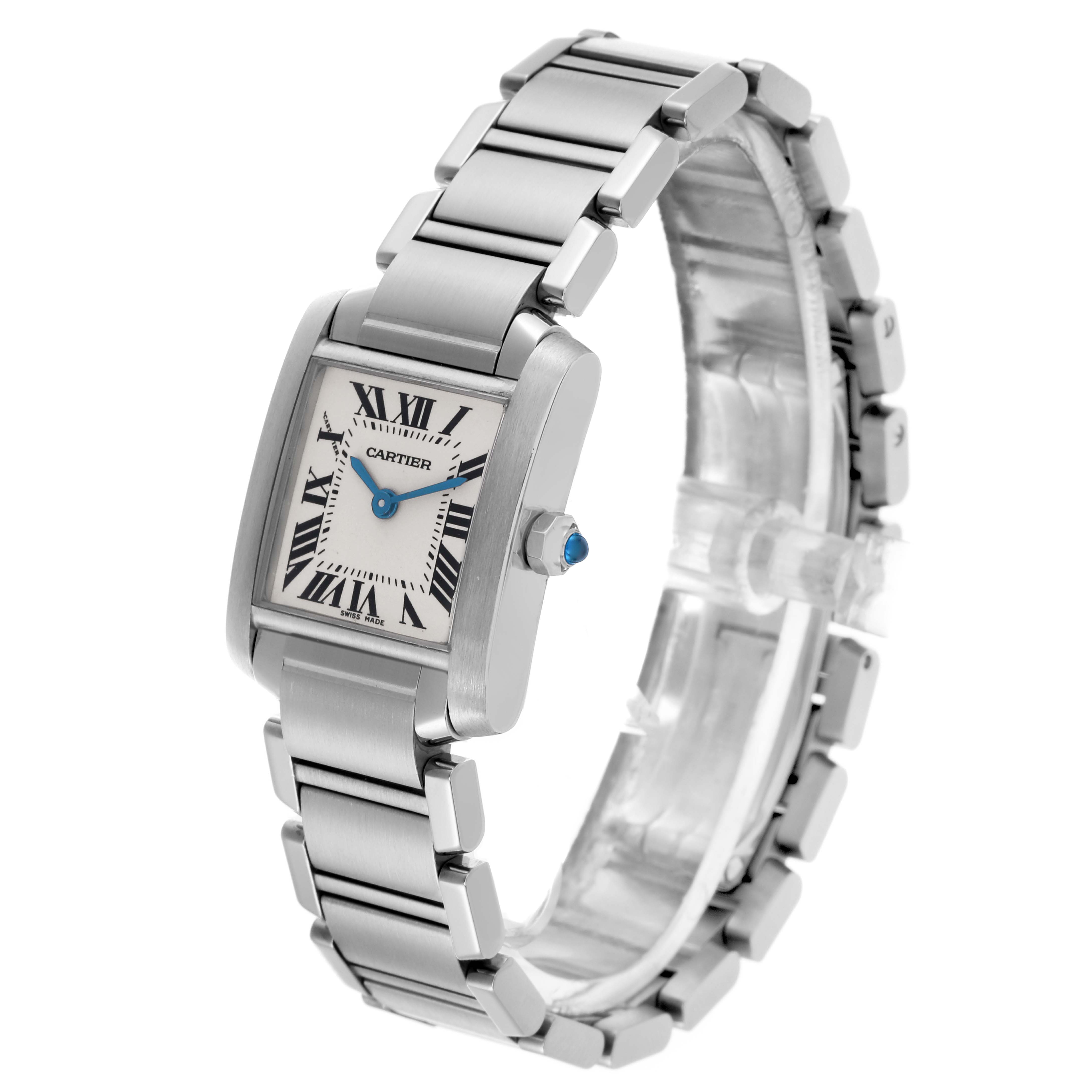 The Cartier Tank Française watch is viewed from an angled perspective, showing the face, bracelet, and crown with a blue cabochon.
