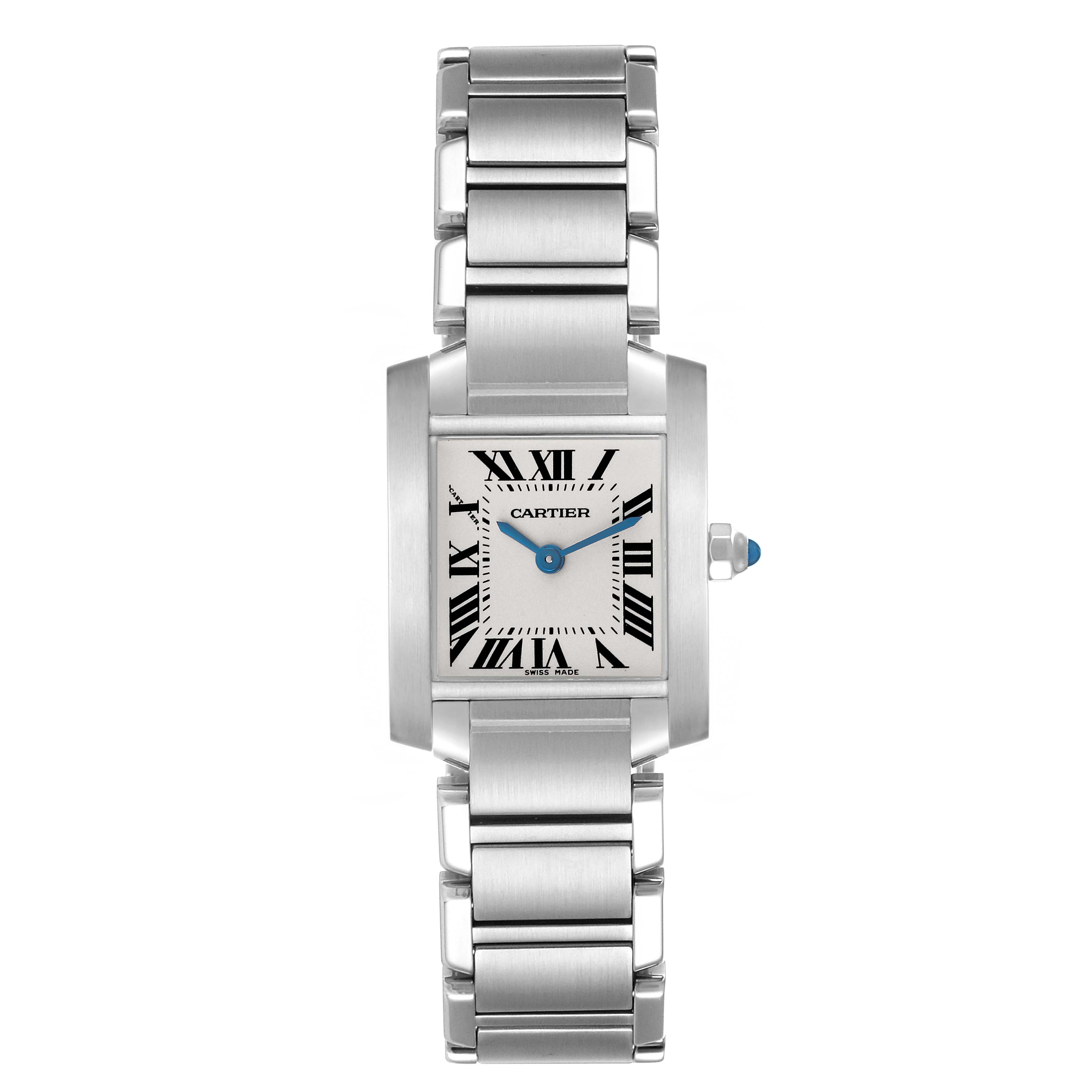 The Cartier Tank Francaise W51008Q3 Women's Stainless Steel Silver Dial W51008Q3 Women's Stainless Steel Silver Dial watch is shown from a frontal angle, displaying the face, Roman numerals, and part of the bracelet.