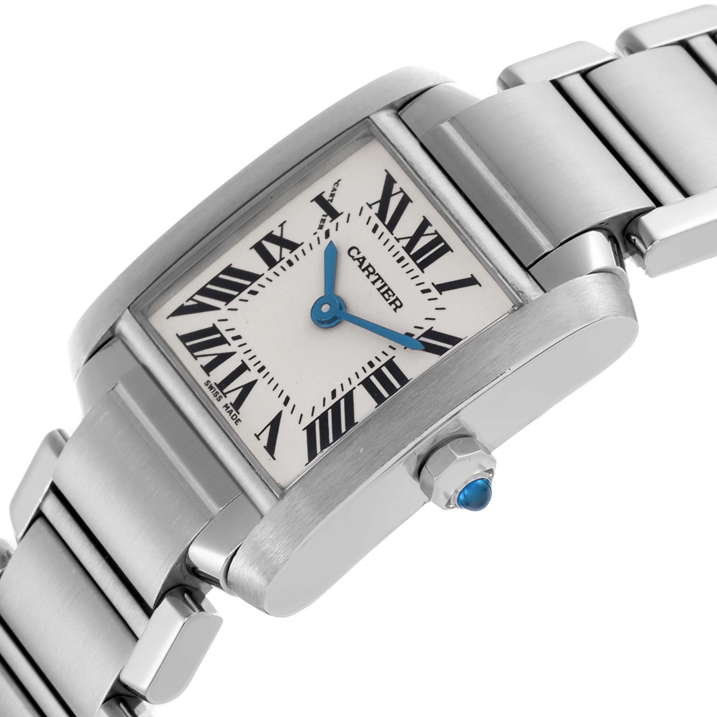 The Cartier Tank Francaise W51008Q3 Women's Stainless Steel Silver Dial W51008Q3 Women's Stainless Steel Silver Dial watch is shown at a tilted angle, displaying the face, roman numerals, hands, and part of the bracelet.