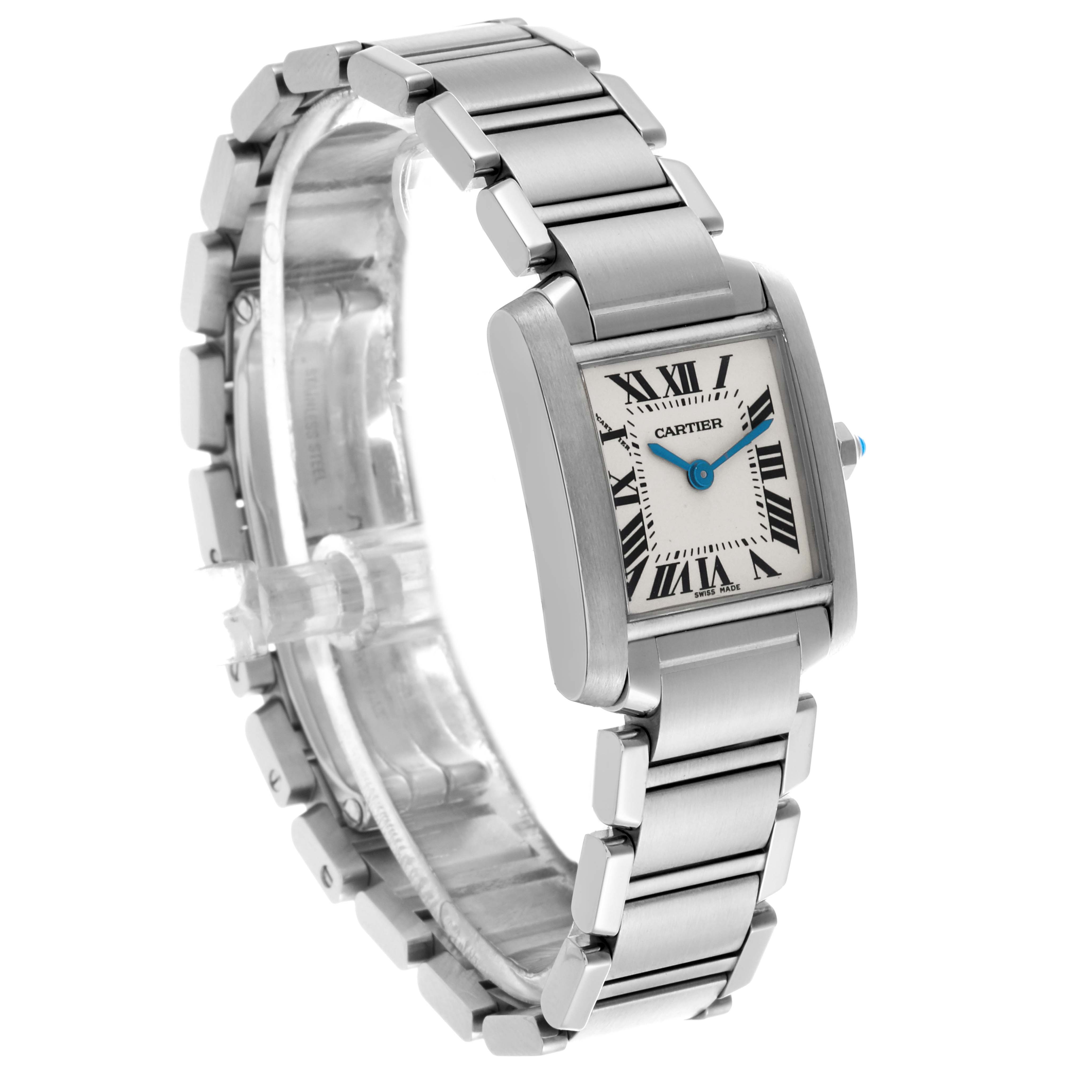 The Cartier Tank Française watch is angled slightly to show its rectangular face, Roman numerals, and silver bracelet.