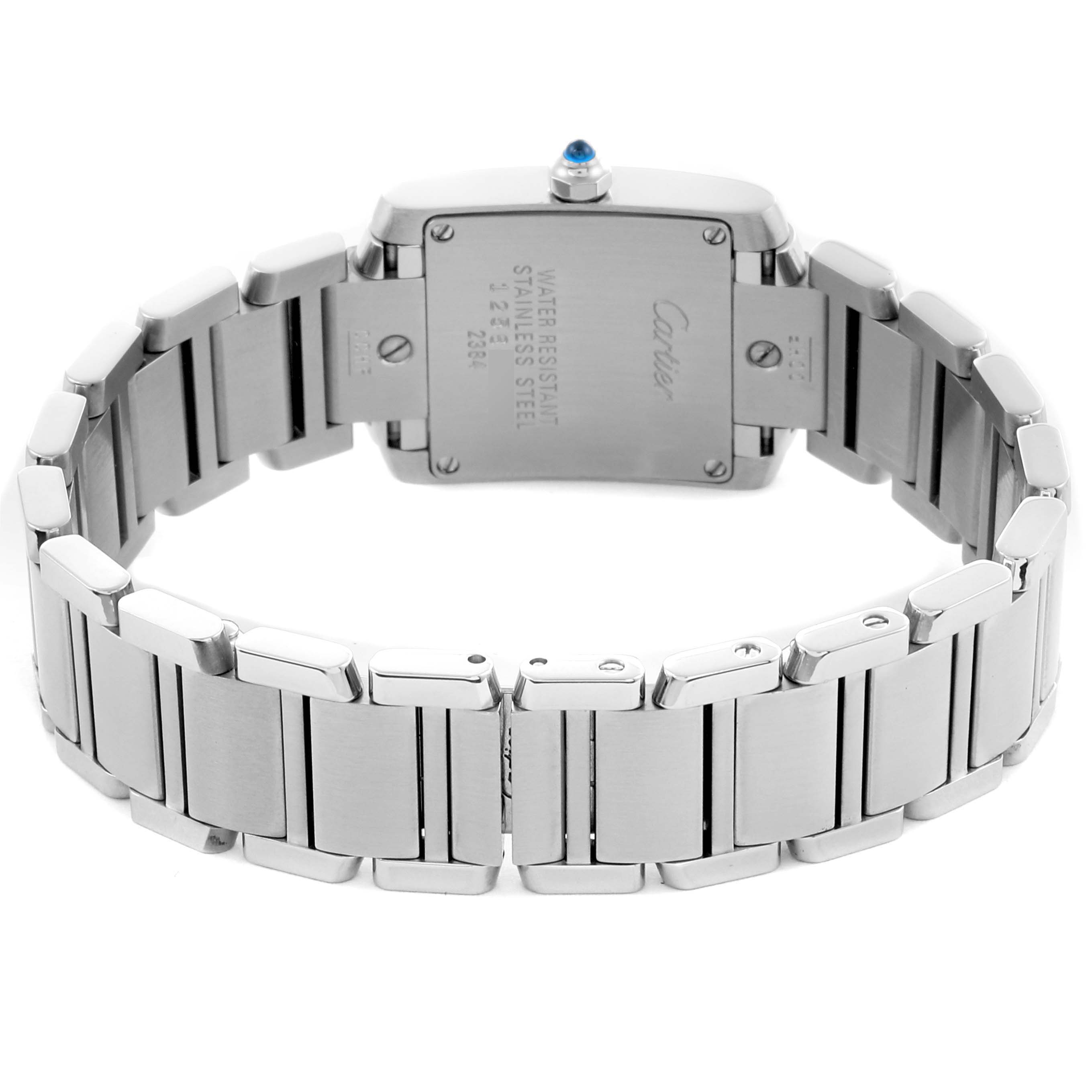 The Cartier Tank Française watch is shown from the back, displaying the case back, bracelet, and clasp.