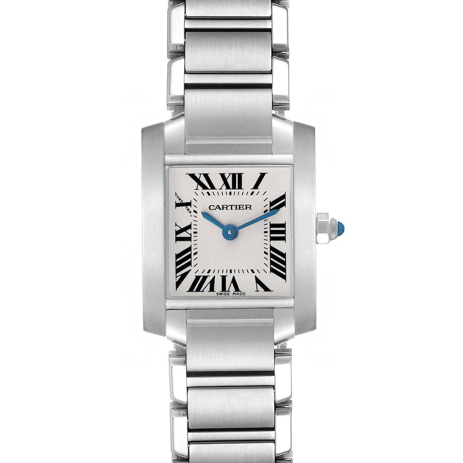 The Cartier Tank Française watch is shown from a top view, highlighting the face, Roman numerals, and metal bracelet.