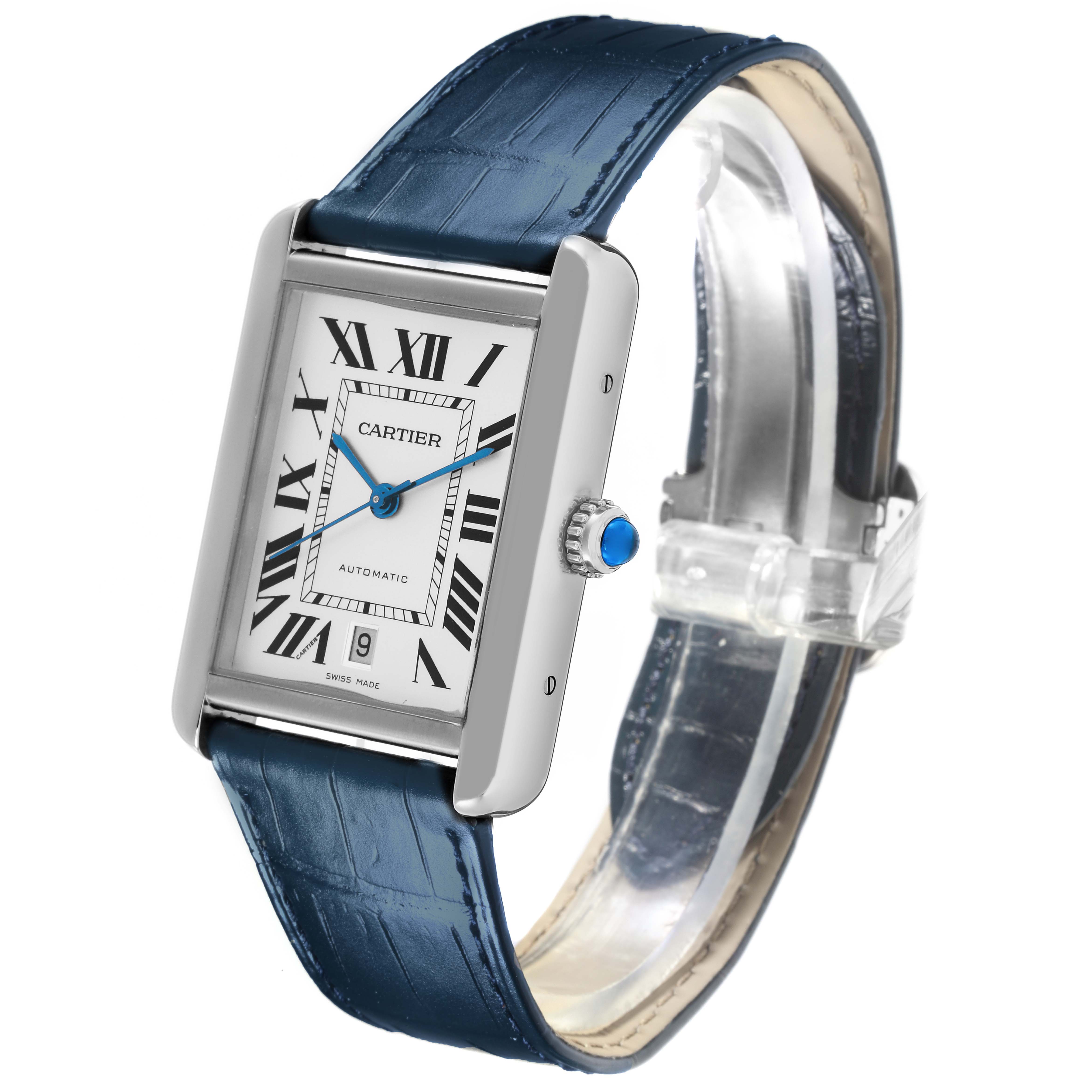 The Cartier Tank Solo W5200027 Men's Stainless Steel Silver Dial W5200027 Men's Stainless Steel Silver Dial watch is shown at a slight angle, highlighting the rectangular case, dial, blue hands, and blue leather strap.