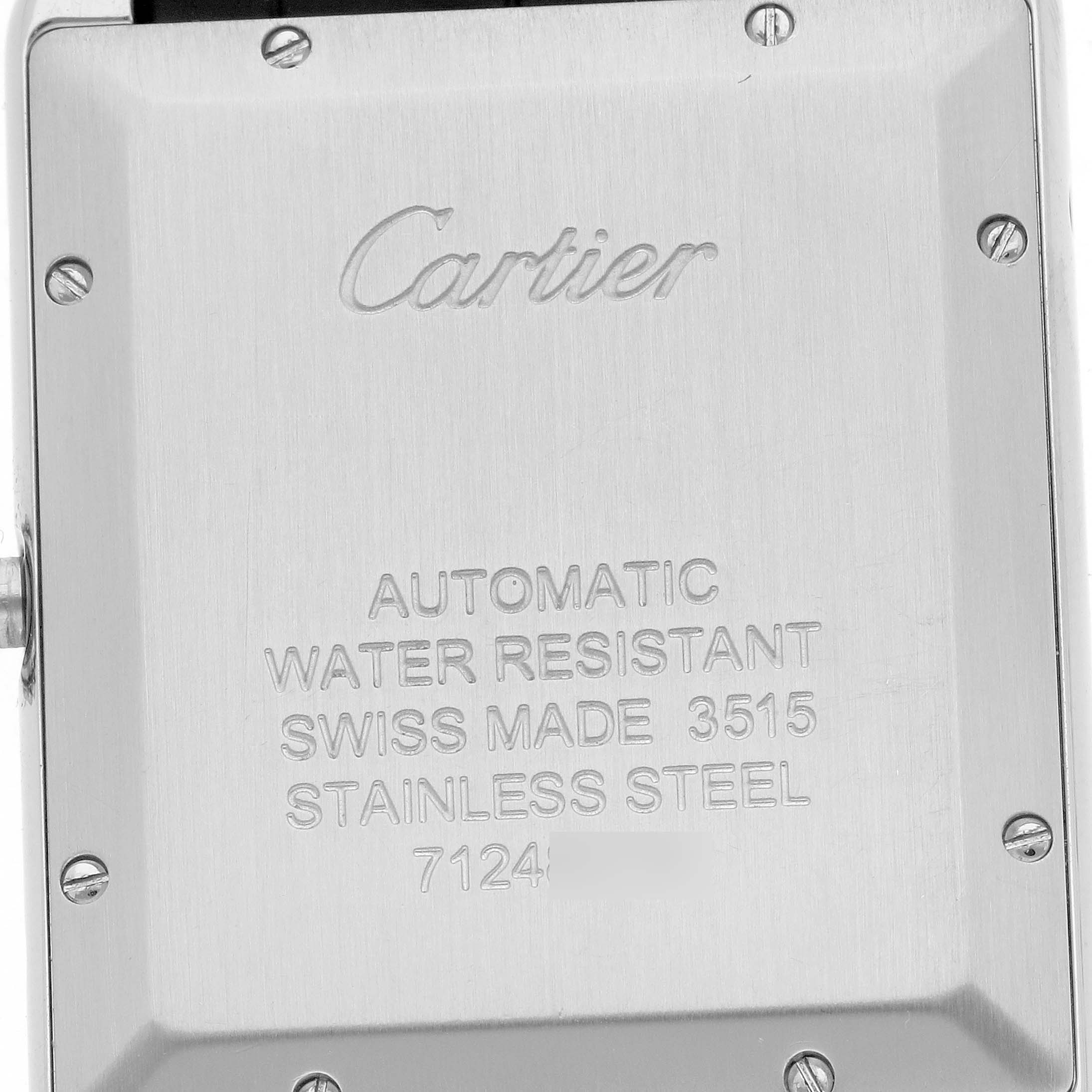 The image shows the back case of a Cartier Tank Solo W5200027 Men's Stainless Steel Silver Dial W5200027 Men's Stainless Steel Silver Dial watch, highlighting the brand and model details.