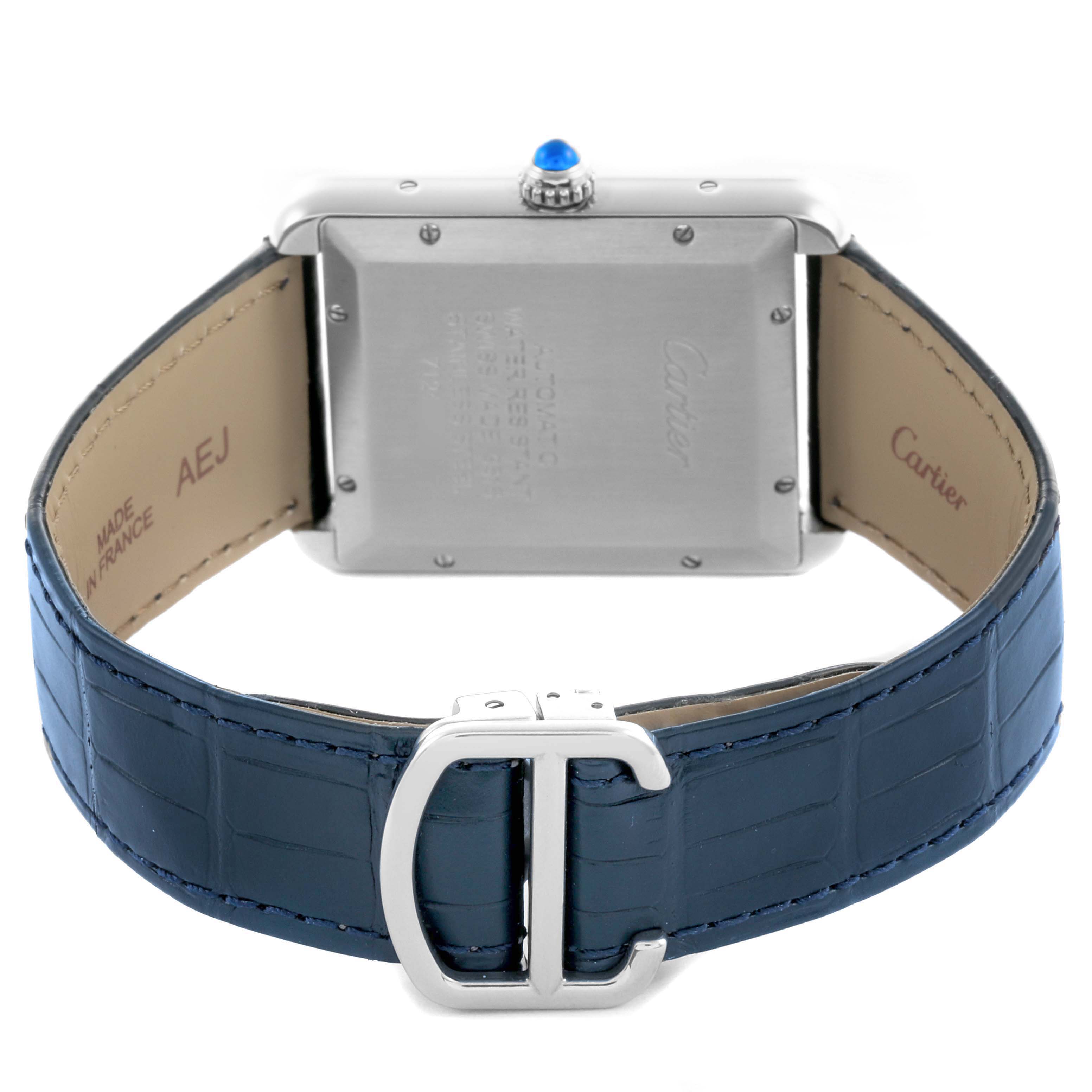 The image shows the back of the Cartier Tank Solo W5200027 Men's Stainless Steel Silver Dial W5200027 Men's Stainless Steel Silver Dial watch, highlighting the caseback, blue strap, and deployment clasp.