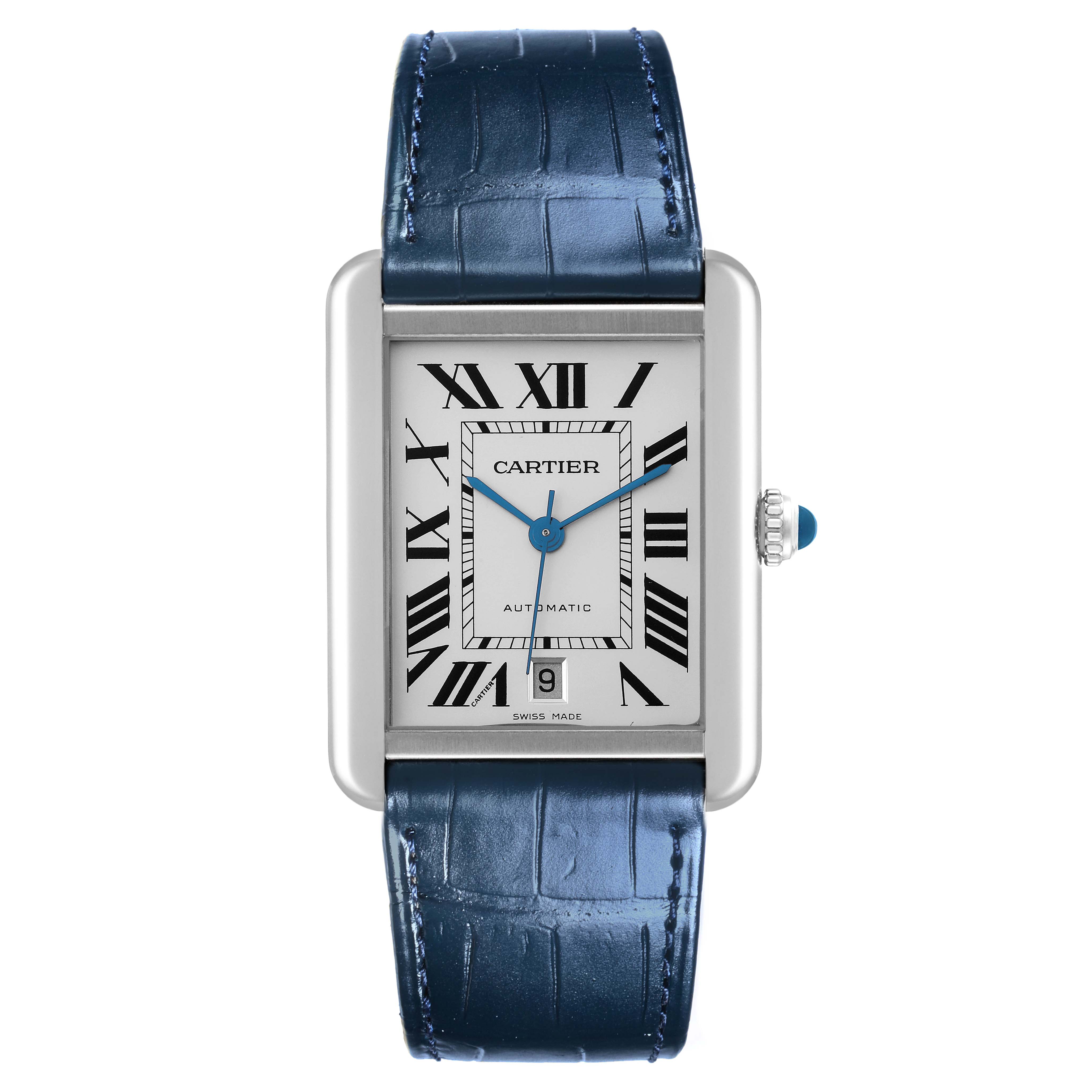 The Cartier Tank Solo W5200027 Men's Stainless Steel Silver Dial W5200027 Men's Stainless Steel Silver Dial watch is shown from the front, displaying its rectangular dial, blue hands, Roman numerals, and dark blue strap.
