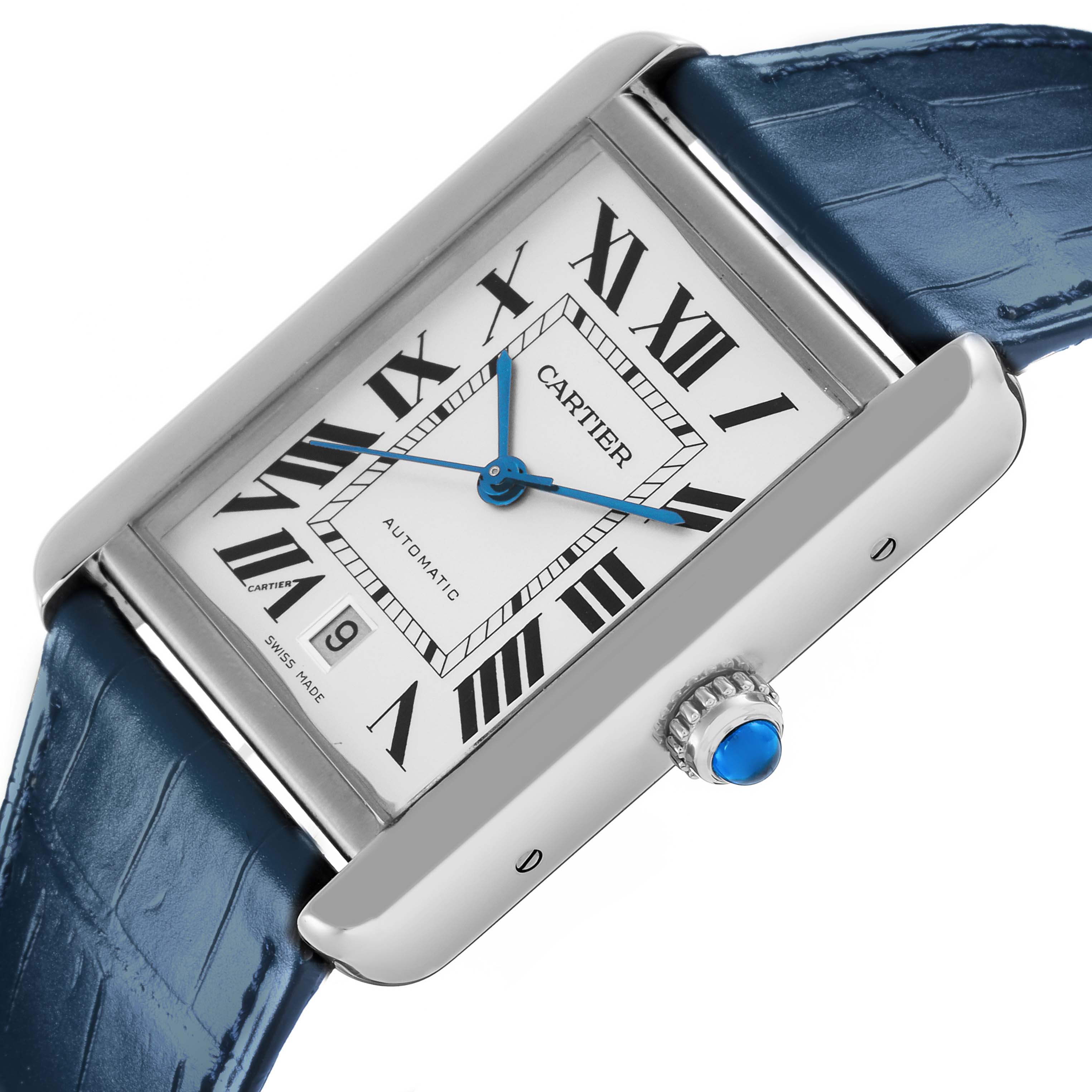 The Cartier Tank Solo W5200027 Men's Stainless Steel Silver Dial W5200027 Men's Stainless Steel Silver Dial watch is shown at an angle highlighting its rectangular face, roman numeral dial, and blue leather strap.