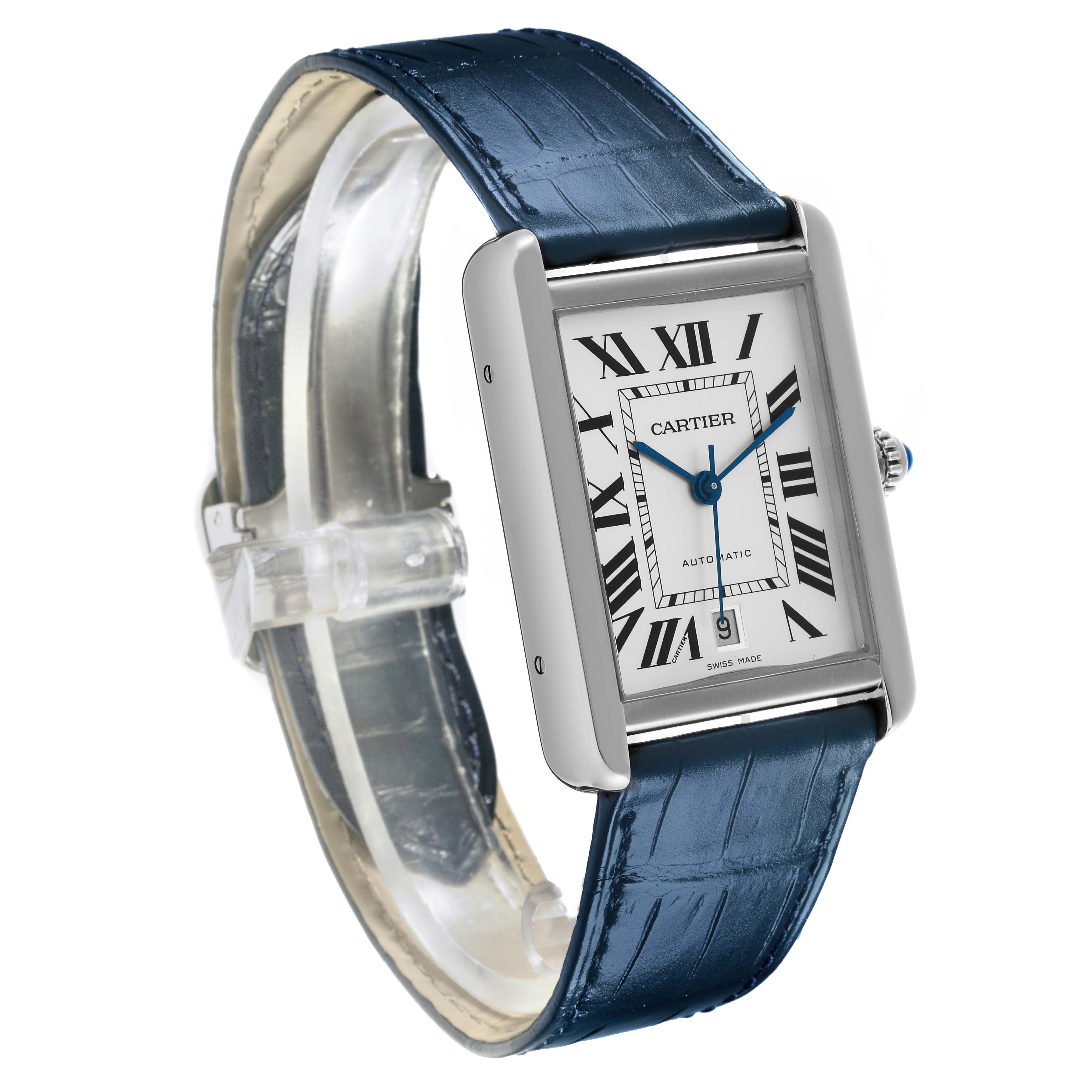 The Cartier Tank Solo W5200027 Men's Stainless Steel Silver Dial W5200027 Men's Stainless Steel Silver Dial watch is shown at an angled side view, displaying the face, blue leather strap, and crown.