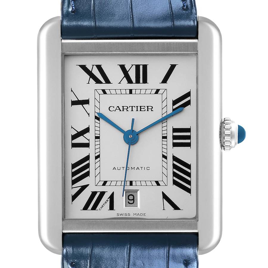 The Cartier Tank Solo watch is shown from the front, displaying the dial, hands, date window, and part of the strap.