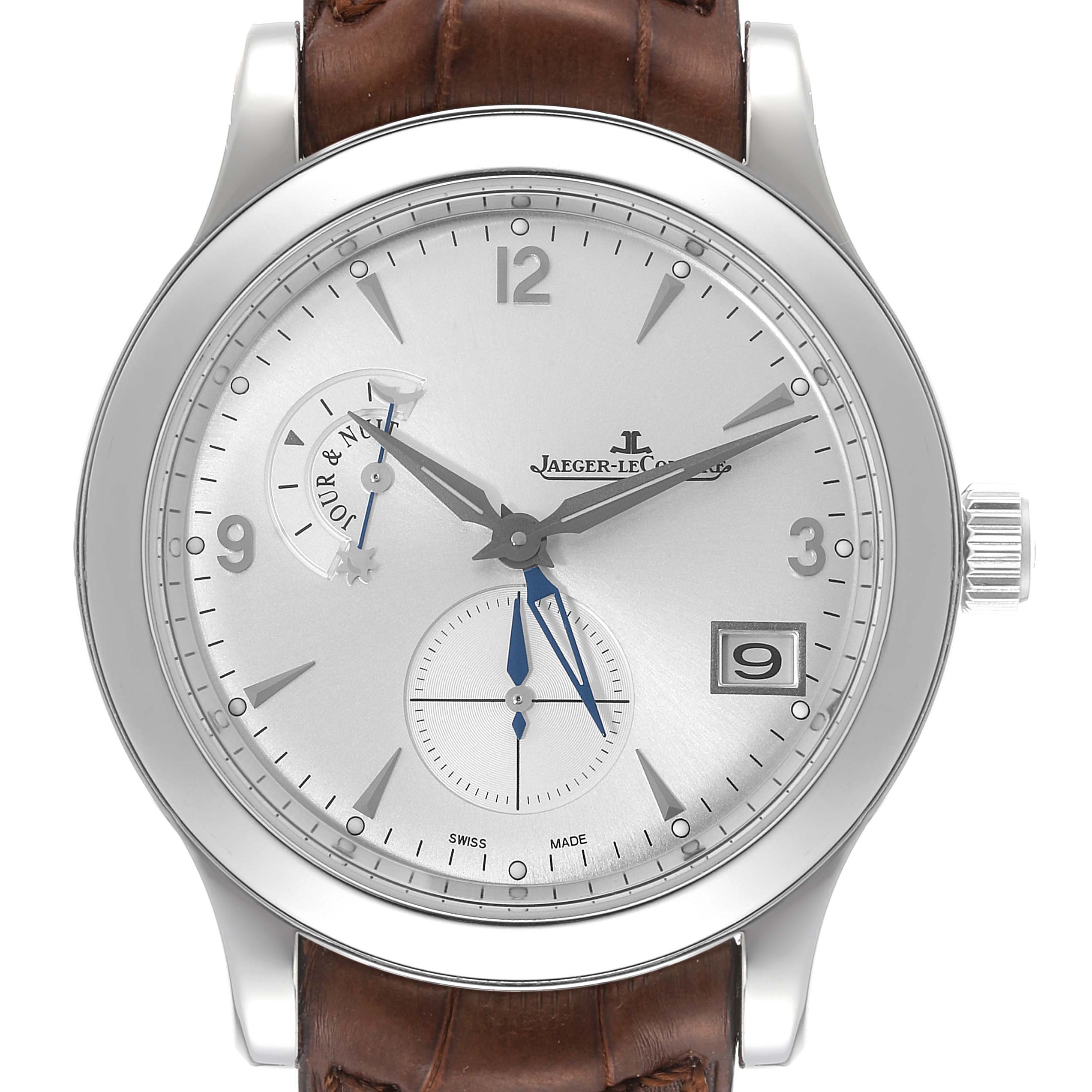 The image shows a front view of the Jaeger LeCoultre Master Q1628420 Men's Stainless Steel Silver Dial Q1628420 Men's Stainless Steel Silver Dial model watch, displaying its dial, face, and brown leather strap.