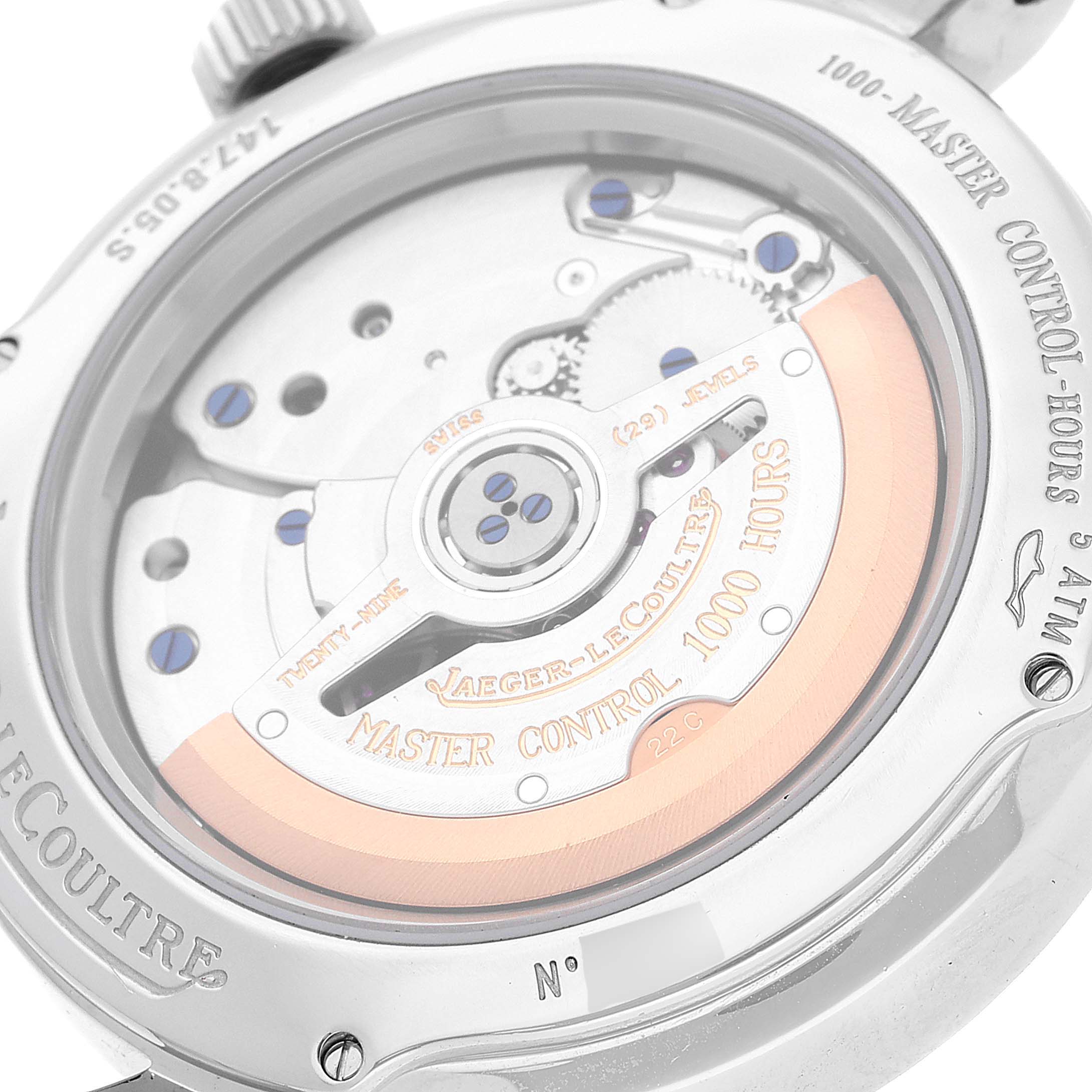 This image shows the back view of a Jaeger-LeCoultre Master model watch, highlighting its internal mechanisms and engravings.