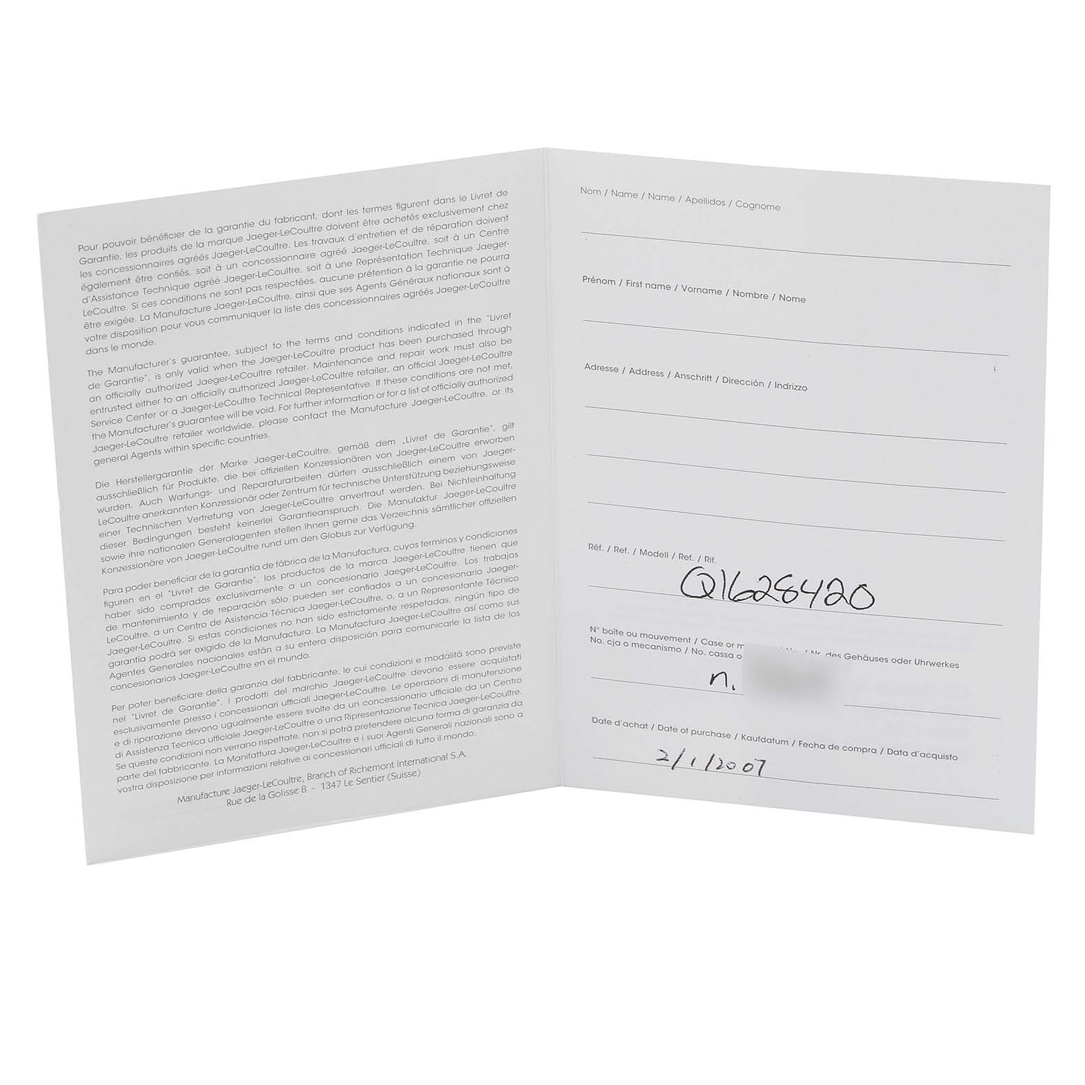 This image shows the open warranty card for the Jaeger LeCoultre Master Q1628420 Men's Stainless Steel Silver Dial Q1628420 Men's Stainless Steel Silver Dial model watch.