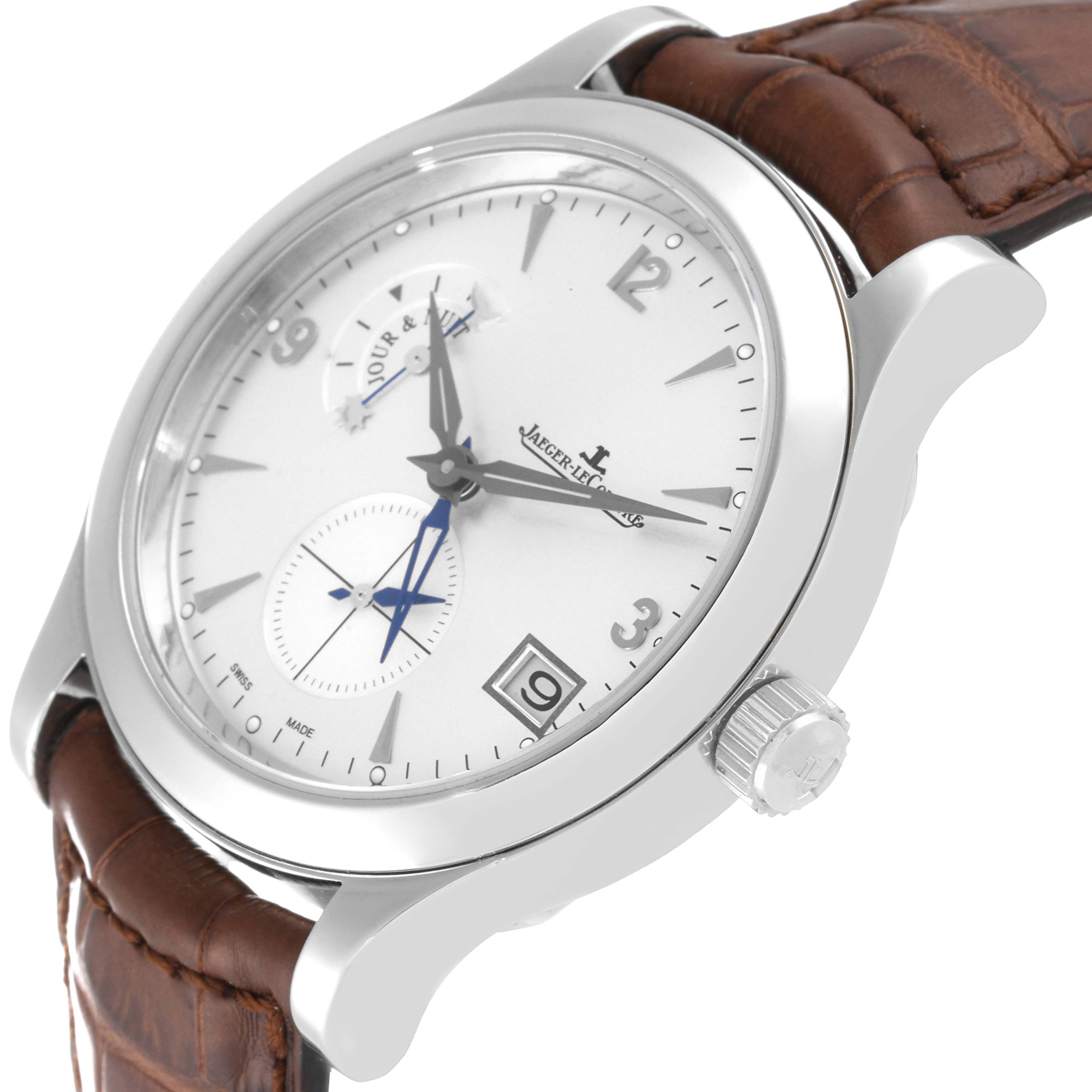 The image shows a Jaeger-LeCoultre Master watch angled to display its dial, crown, and leather strap.