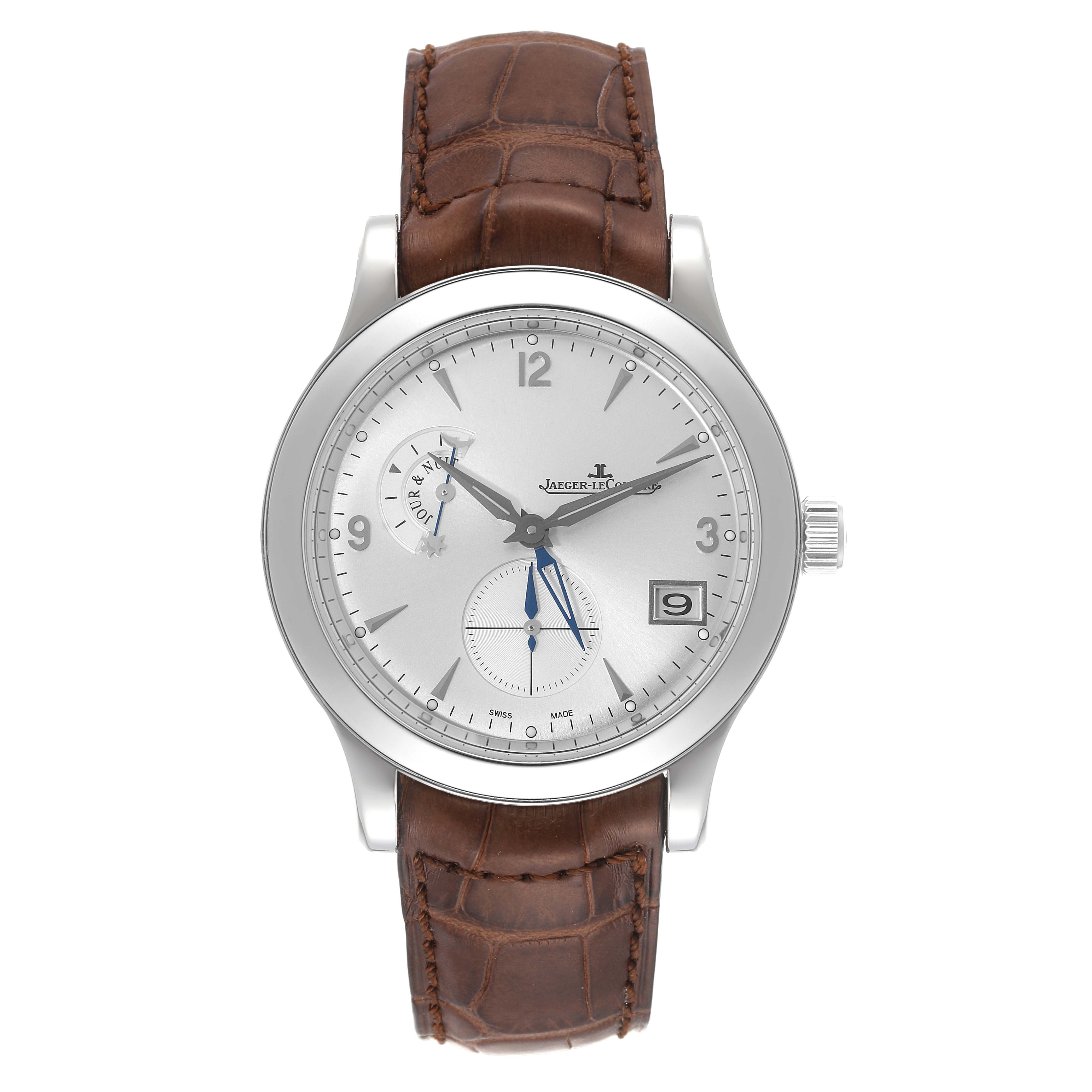The Jaeger LeCoultre Master Q1628420 Men's Stainless Steel Silver Dial Q1628420 Men's Stainless Steel Silver Dial model watch is shown from a front angle, displaying its dial, hands, date window, and brown leather strap.