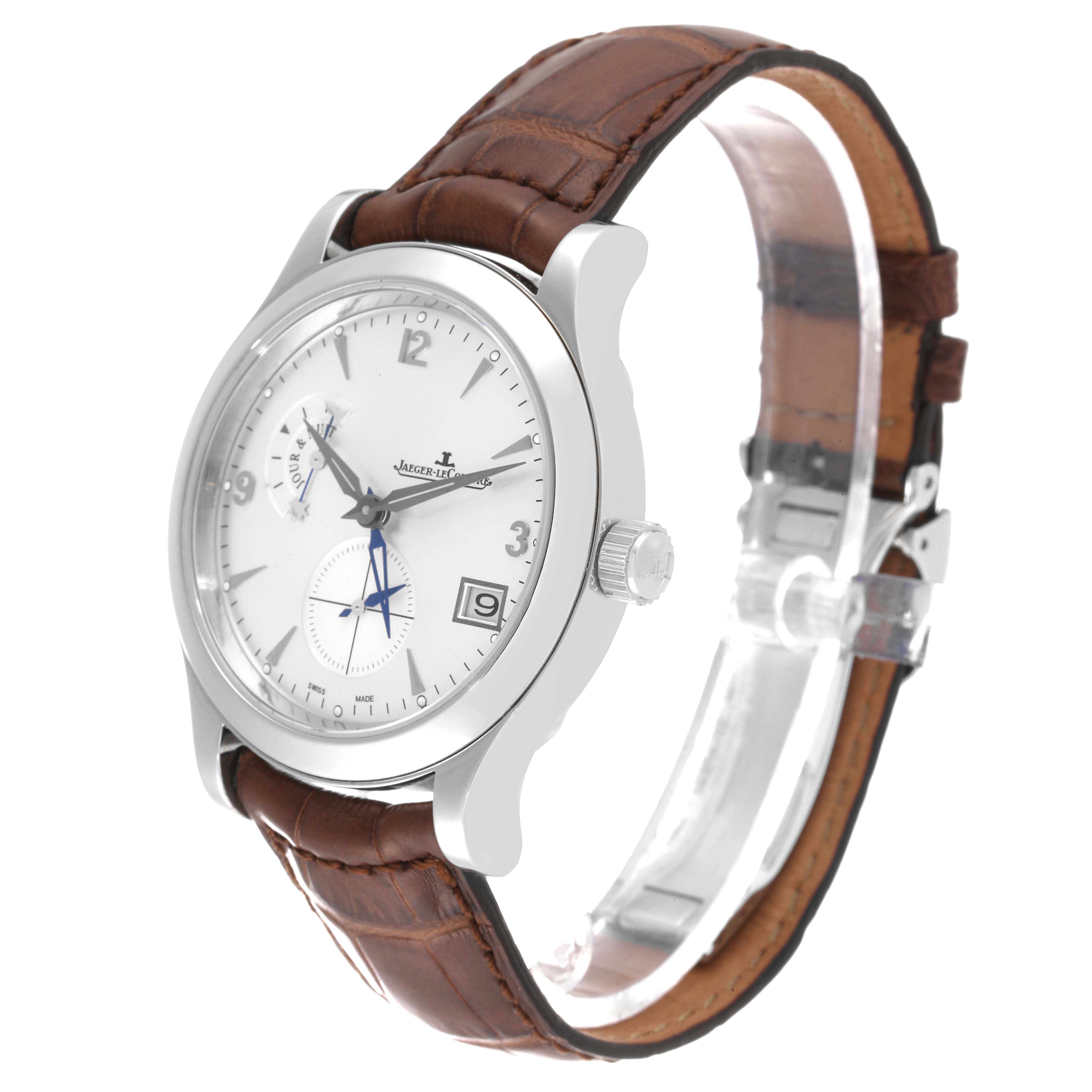 The Jaeger LeCoultre Master Q1628420 Men's Stainless Steel Silver Dial Q1628420 Men's Stainless Steel Silver Dial model watch is shown at a three-quarter angle, highlighting the dial and brown leather strap.