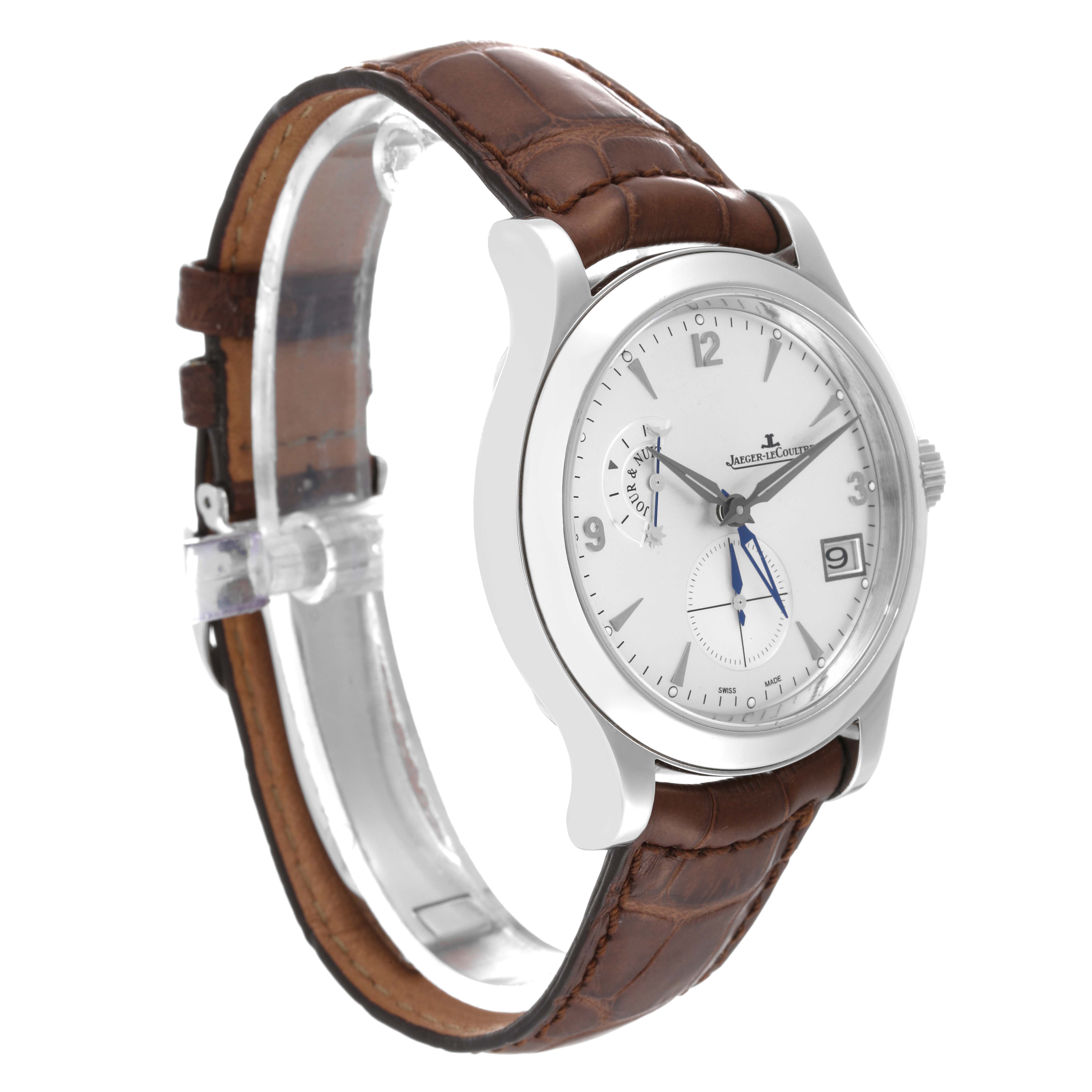 The Jaeger LeCoultre Master Q1628420 Men's Stainless Steel Silver Dial Q1628420 Men's Stainless Steel Silver Dial watch is shown at an angle highlighting the face, bezel, crown, and brown leather strap.