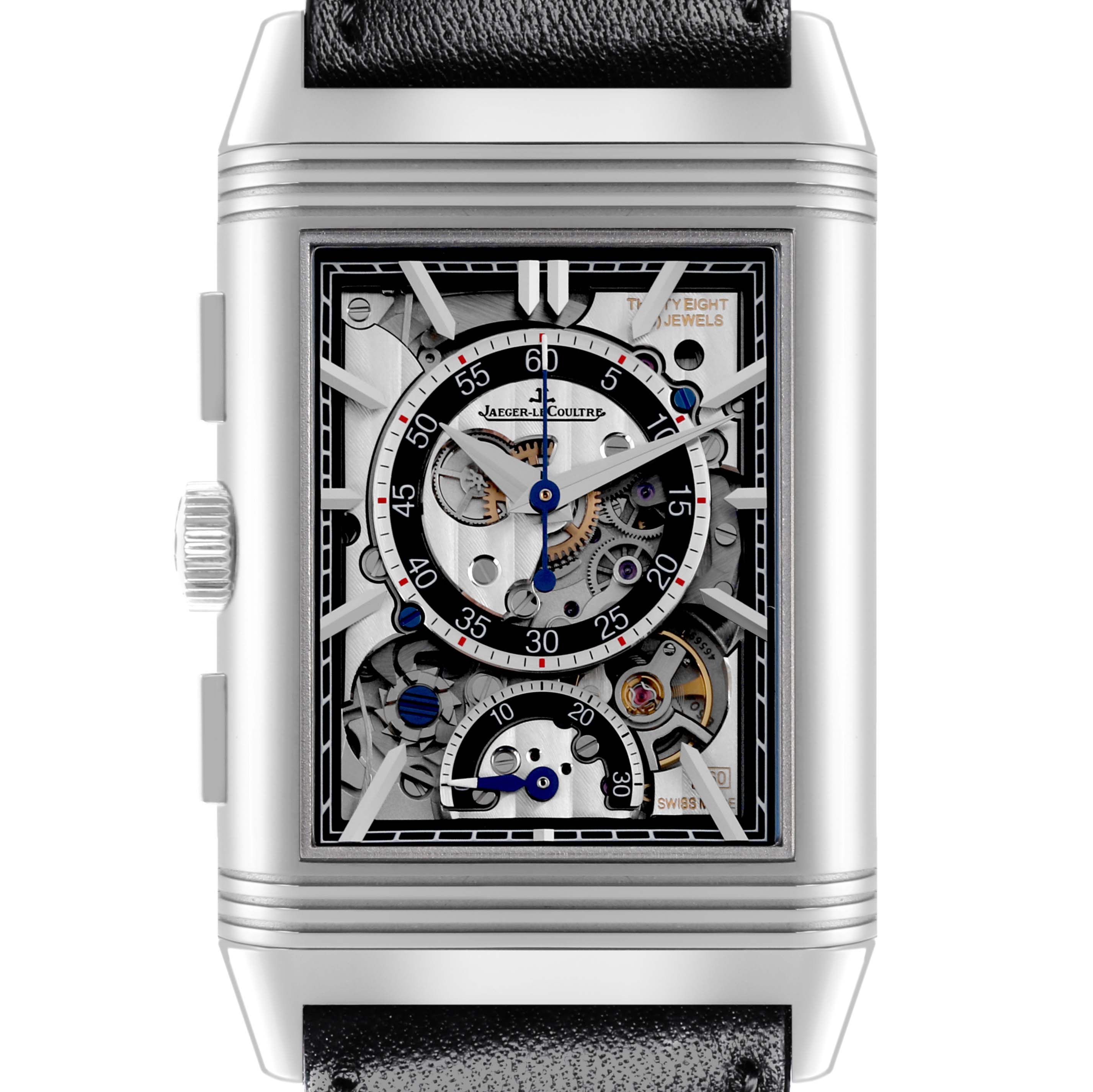 The image shows a front view of the Jaeger LeCoultre Reverso Q389848J Men's Stainless Steel Transparent Dial Q389848J Men's Stainless Steel Transparent Dial, highlighting its intricate movement and silver case.