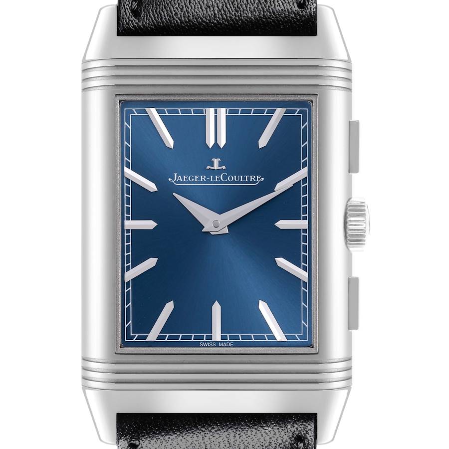 The Jaeger LeCoultre Reverso watch is shown from a front angle, highlighting the blue dial, silver hands, and crown.