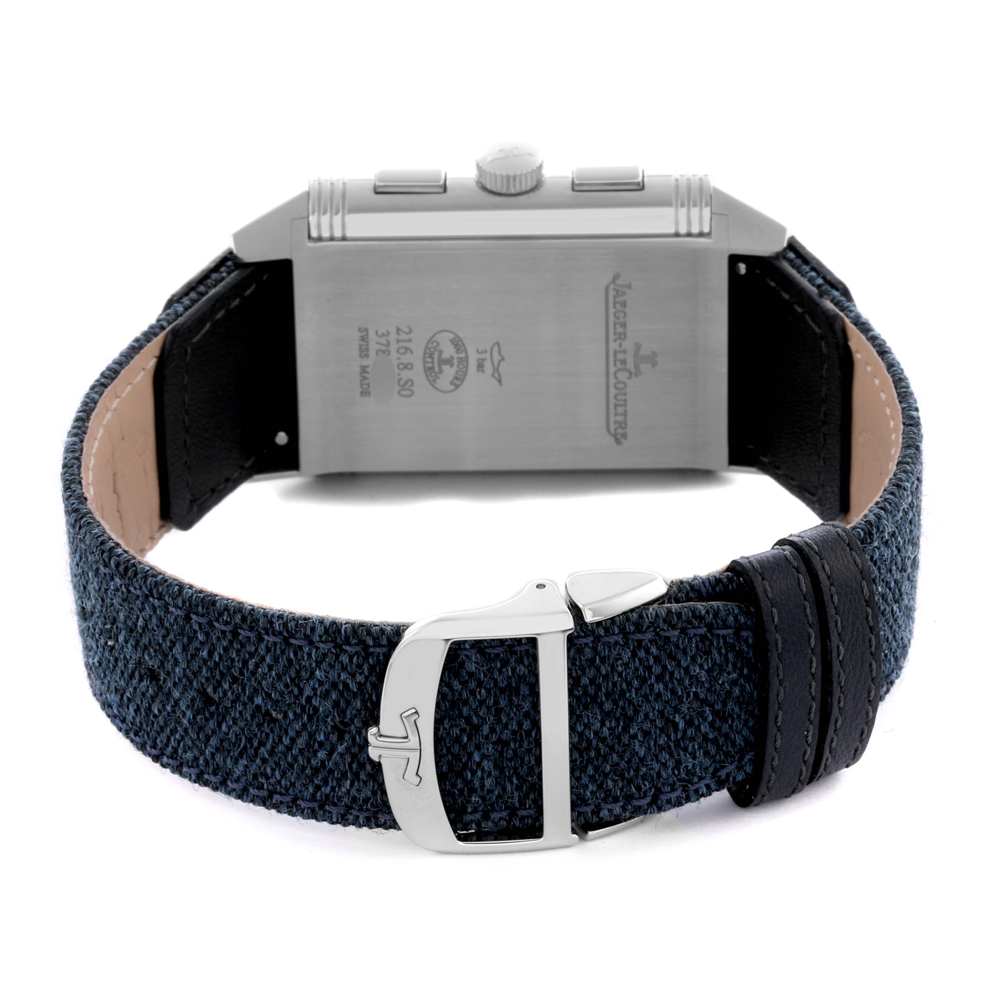 The image shows the back and side of a Jaeger LeCoultre Reverso Q389848J Men's Stainless Steel Transparent Dial Q389848J Men's Stainless Steel Transparent Dial watch, highlighting the clasp, strap, and engraved back case.