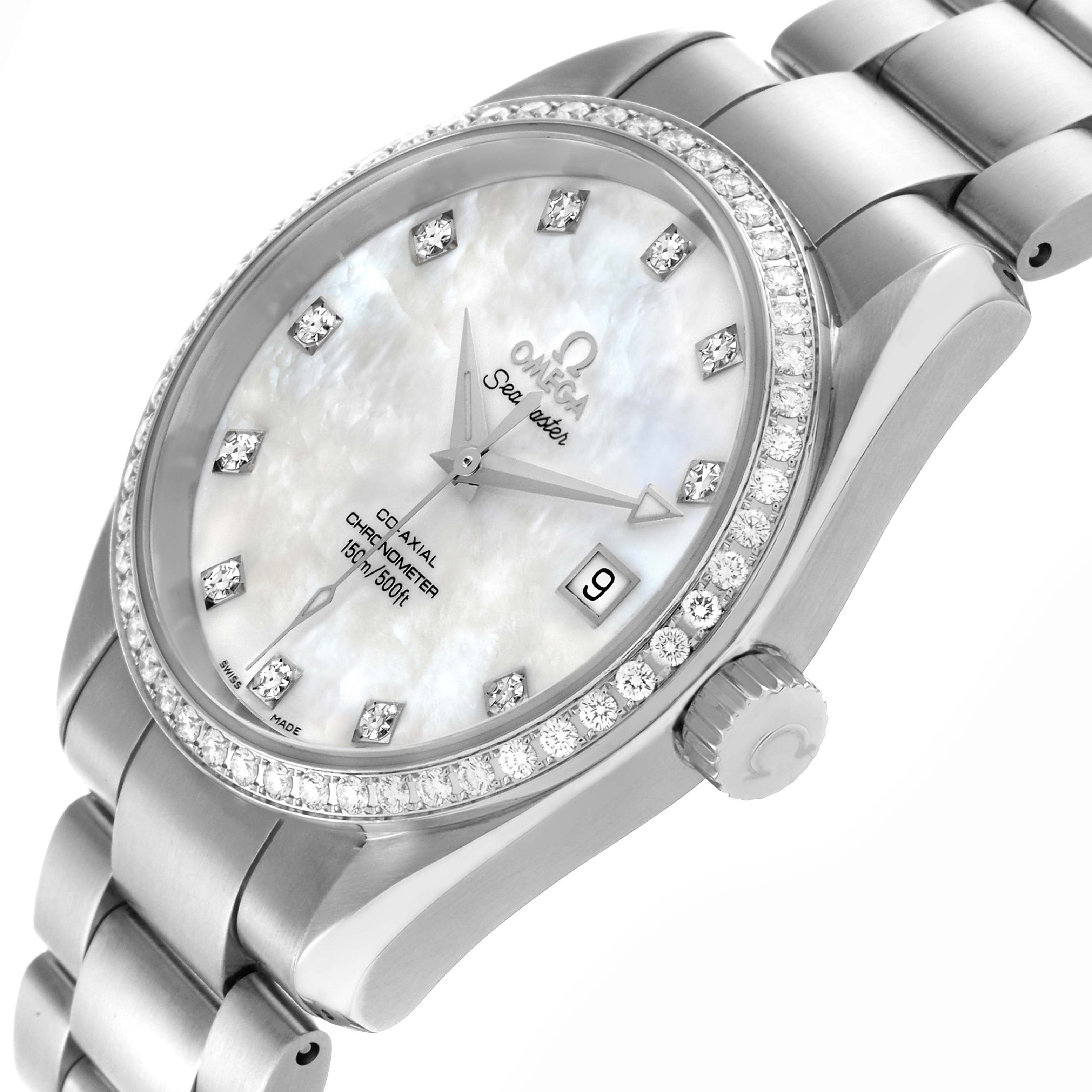 The Omega 2509.75.00 Women's Stainless Steel Mother of Pearl Dial 2509.75.00 Women's Stainless Steel Mother of Pearl Dial Aqua Terra 36 Steel Mother Of Pearl Diamond Ladies Watch 2509.75.00 is shown at a slight angle, featuring its dial, bezel, and part of the bracelet.