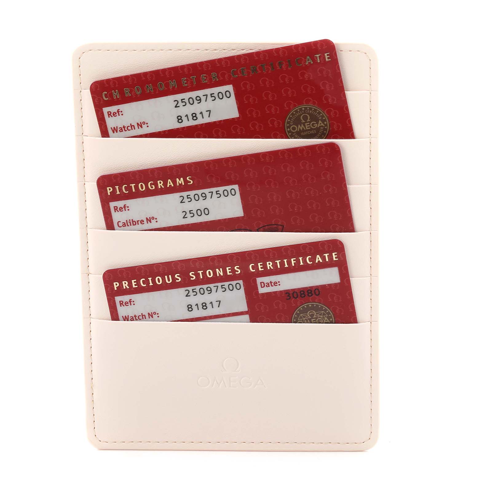 The image shows warranty and certificate cards for the Omega 2509.75.00 Women's Stainless Steel Mother of Pearl Dial 2509.75.00 Women's Stainless Steel Mother of Pearl Dial Aqua Terra 36 Steel Mother Of Pearl Diamond Ladies Watch 2509.75.00.