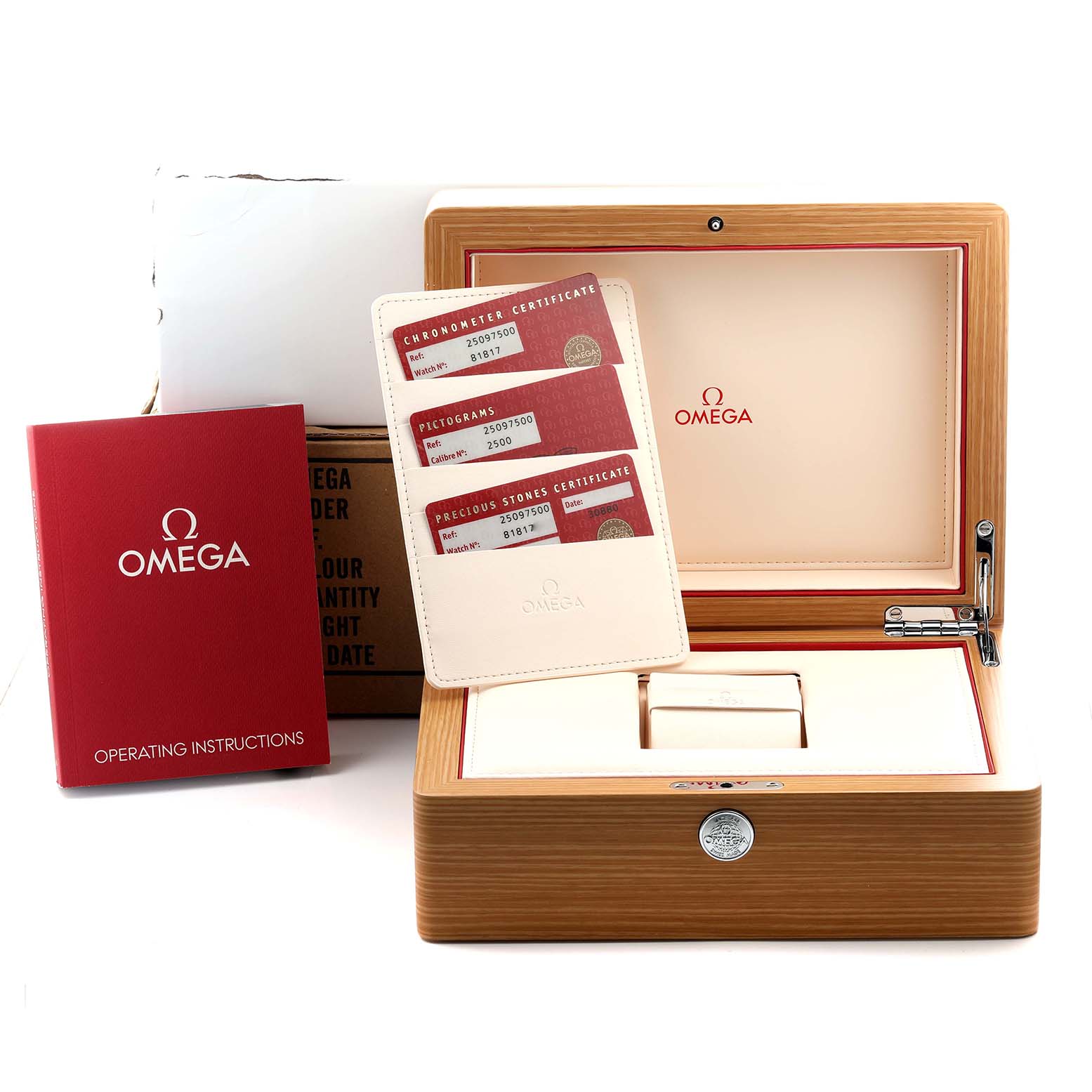 The image shows the Omega 2509.75.00 Women's Stainless Steel Mother of Pearl Dial 2509.75.00 Women's Stainless Steel Mother of Pearl Dial Aqua Terra 36 Steel Mother Of Pearl Diamond Ladies Watch's box, authenticity cards, and operating manual.