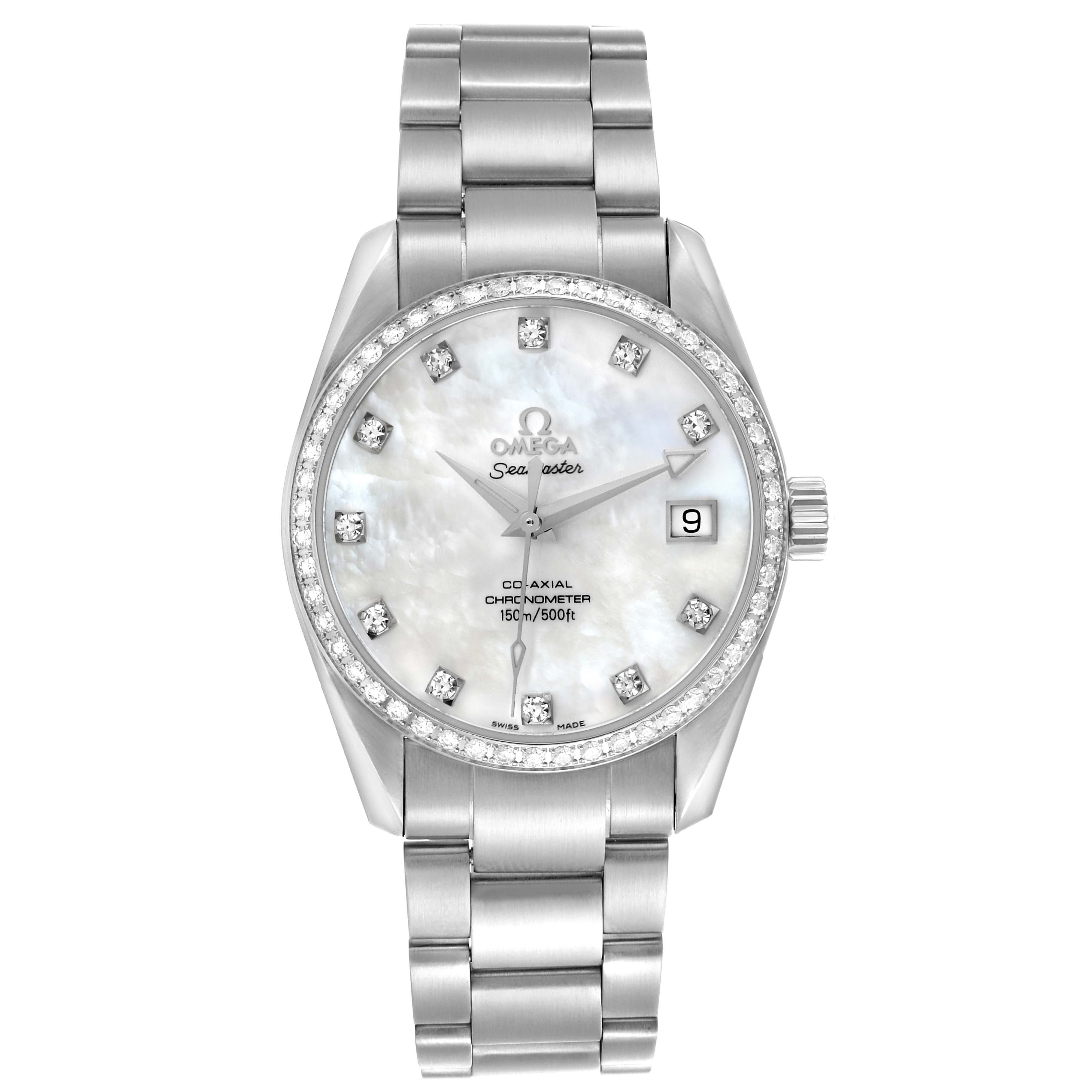 The Omega 2509.75.00 Women's Stainless Steel Mother of Pearl Dial 2509.75.00 Women's Stainless Steel Mother of Pearl Dial Aqua Terra 36 Steel Mother Of Pearl Diamond Ladies Watch 2509.75.00 is shown from the front, displaying the face, bezel, and bracelet.