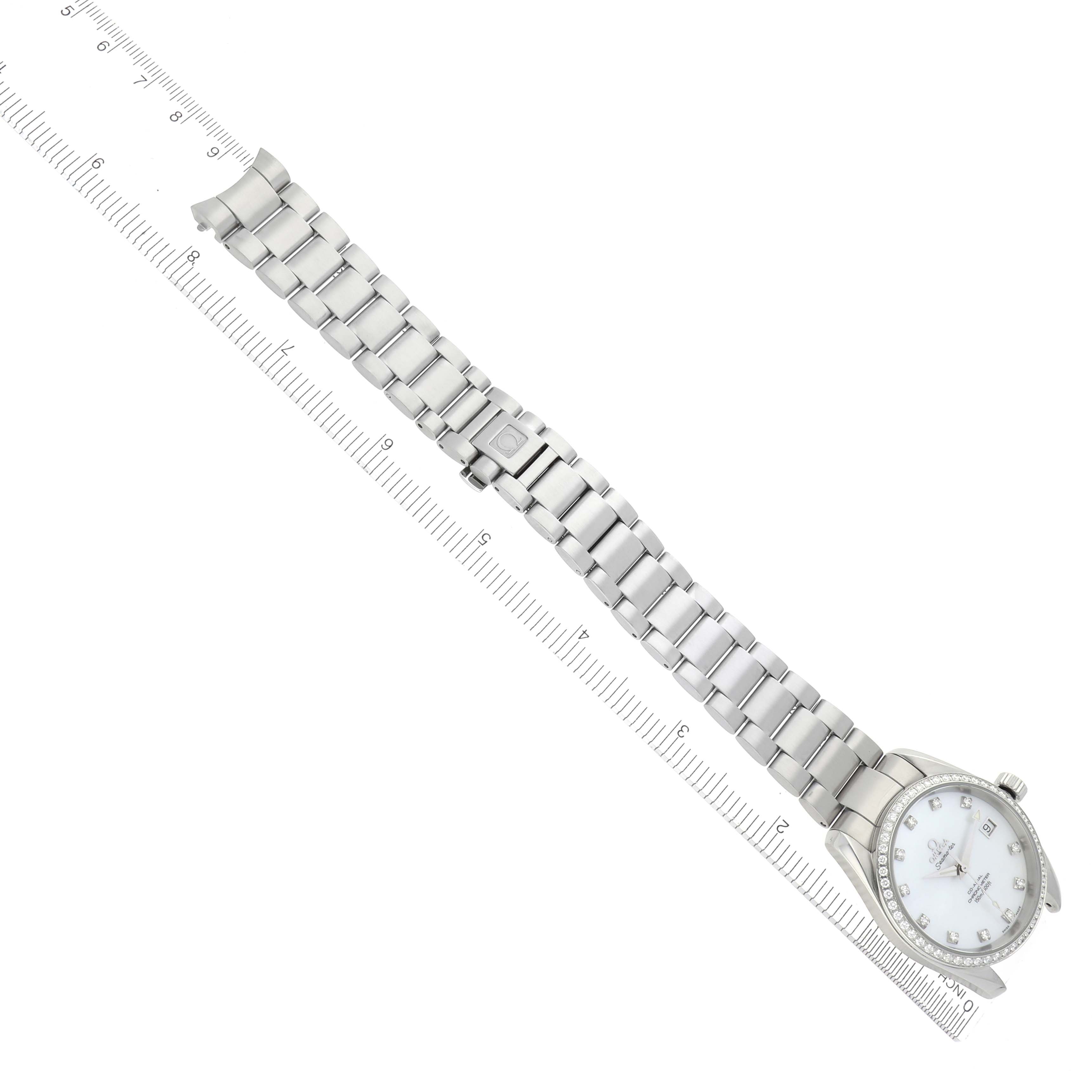 The Omega 2509.75.00 Women's Stainless Steel Mother of Pearl Dial 2509.75.00 Women's Stainless Steel Mother of Pearl Dial Aqua Terra 36 Steel Mother Of Pearl Diamond Ladies Watch is shown from above, displaying its full bracelet and face.