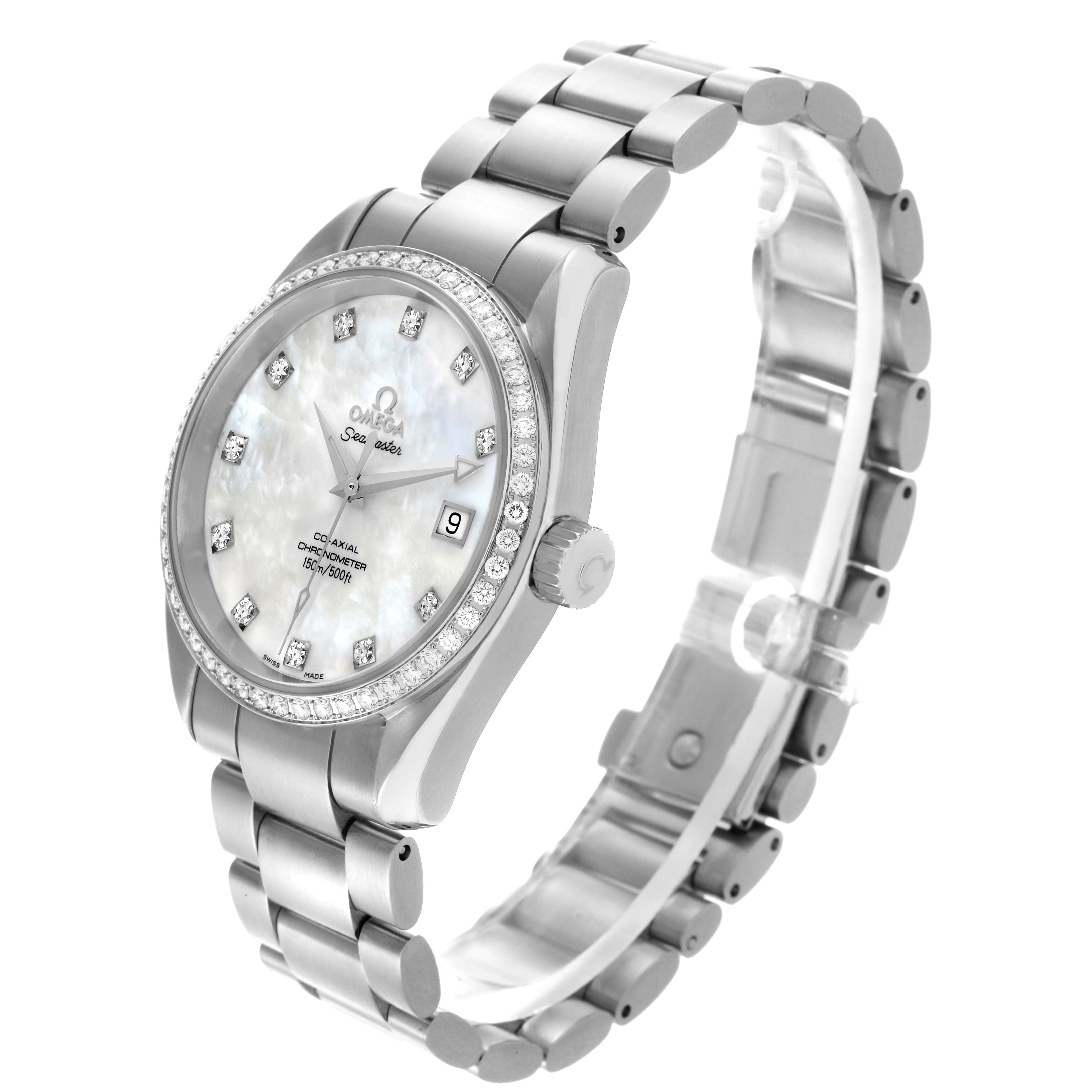The Omega 2509.75.00 Women's Stainless Steel Mother of Pearl Dial 2509.75.00 Women's Stainless Steel Mother of Pearl Dial Aqua Terra 36 Steel Mother Of Pearl Diamond watch is shown at a three-quarter angle, highlighting the face, bracelet, and bezel.