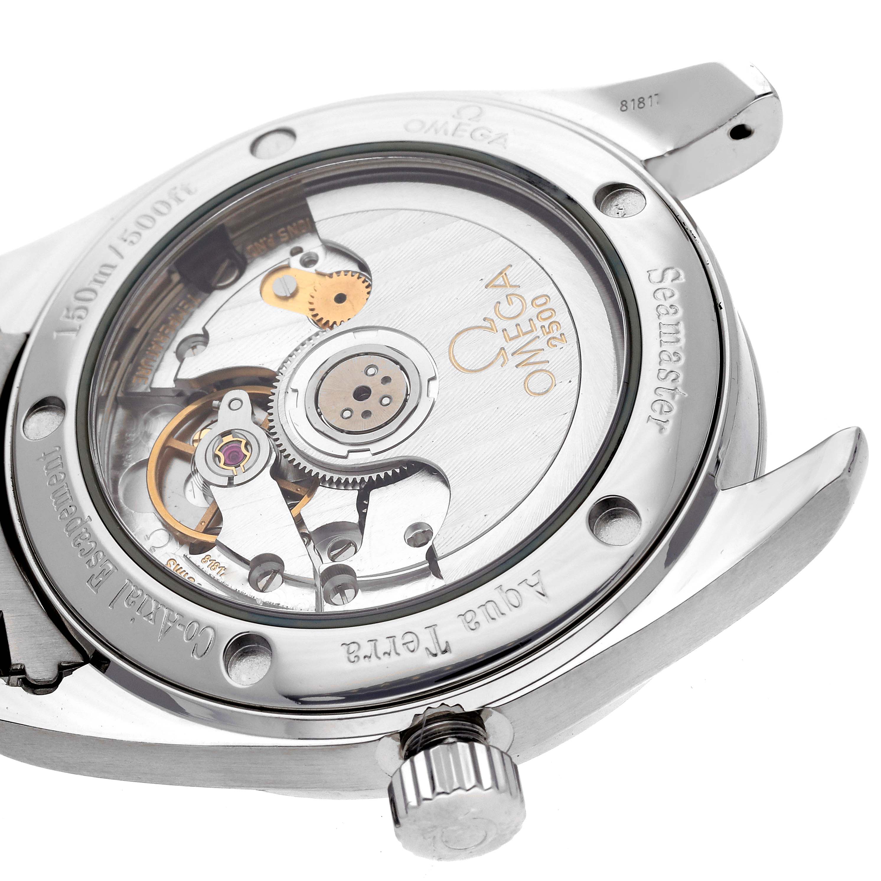 The image shows the back view of the Omega 2509.75.00 Women's Stainless Steel Mother of Pearl Dial 2509.75.00 Women's Stainless Steel Mother of Pearl Dial Aqua Terra 36 Steel, displaying its exposed movement and branded engravings.