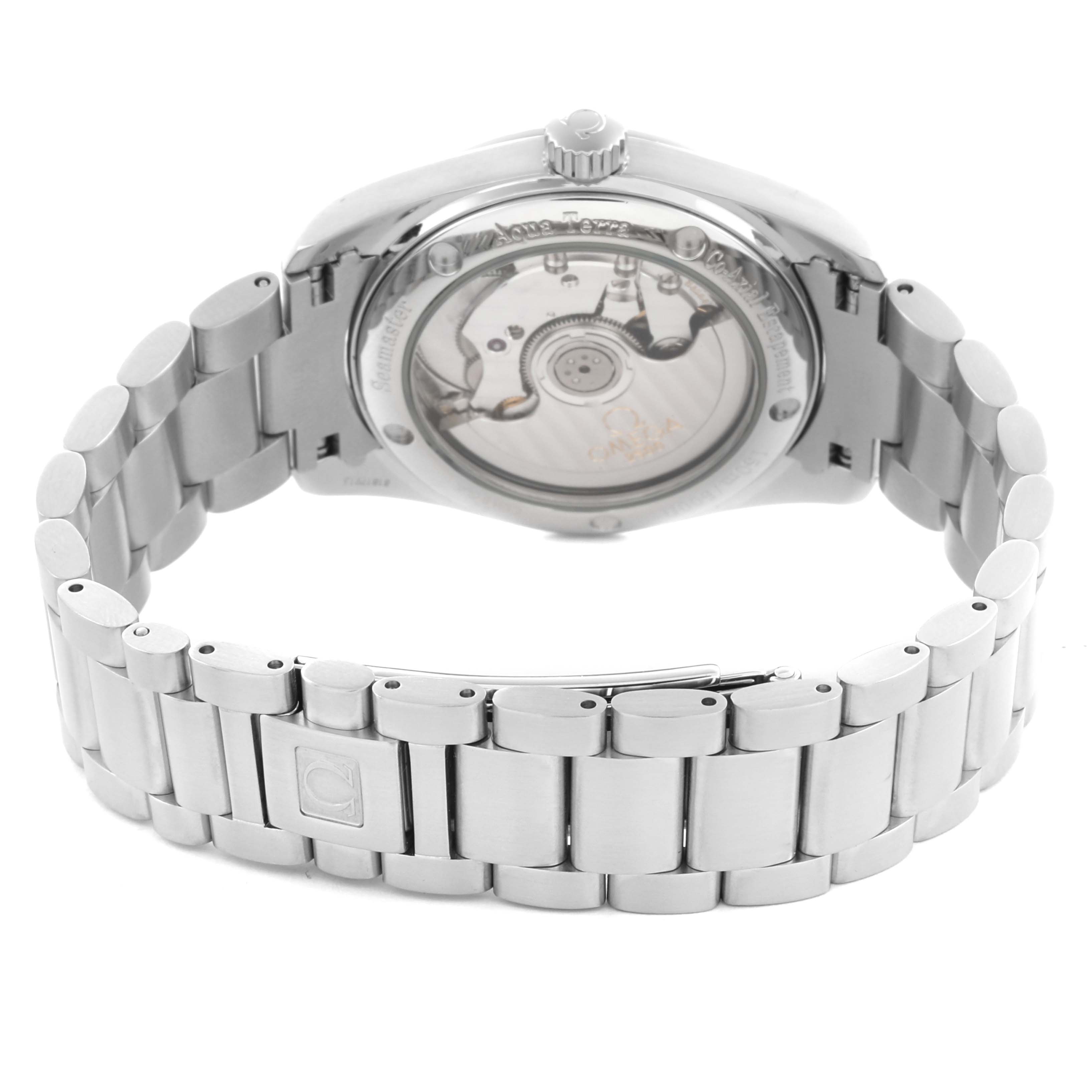 The Omega 2509.75.00 Women's Stainless Steel Mother of Pearl Dial 2509.75.00 Women's Stainless Steel Mother of Pearl Dial Aqua Terra 36 Steel Ladies Watch 2509.75.00 is shown from the back, highlighting the case back and stainless steel bracelet.
