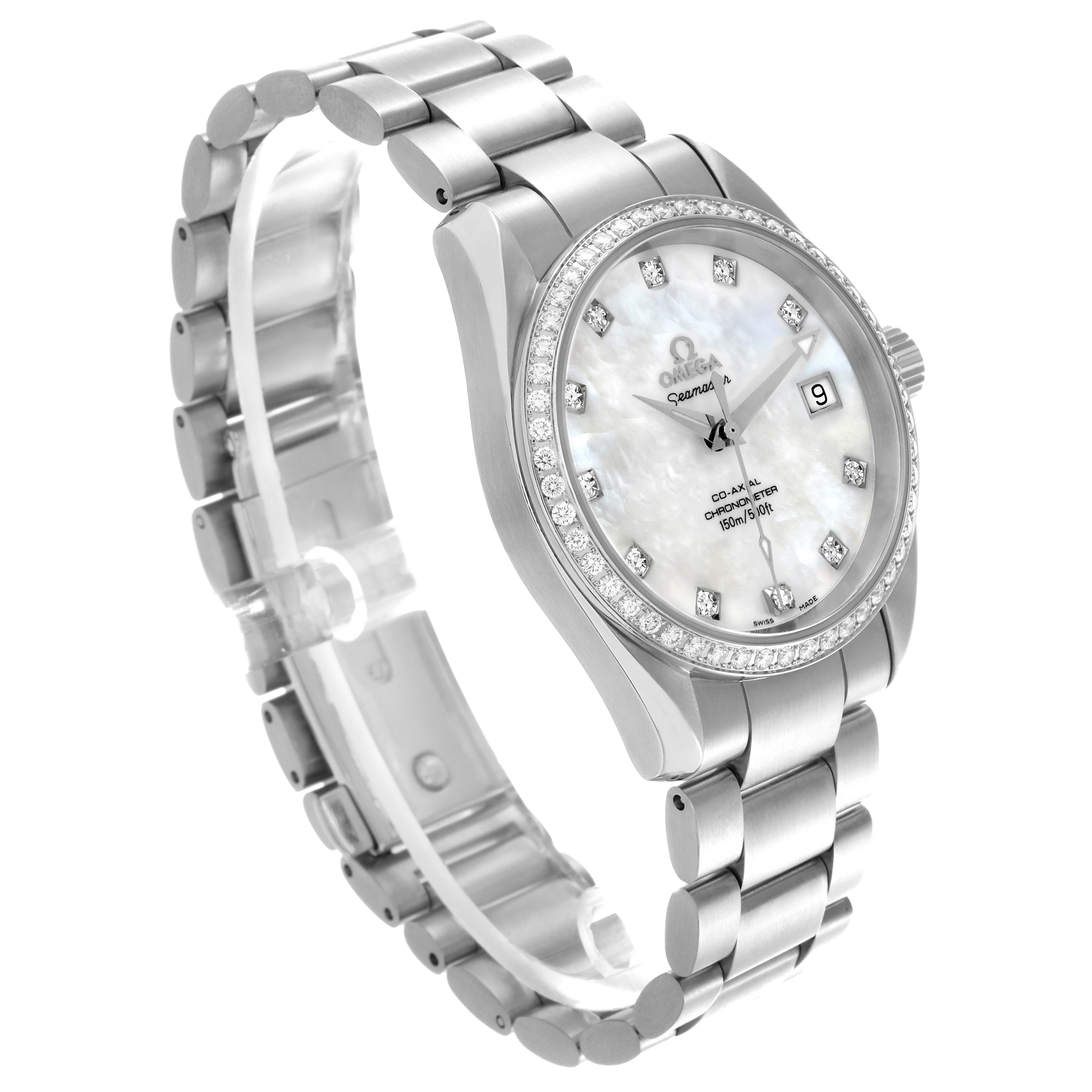 The Omega 2509.75.00 Women's Stainless Steel Mother of Pearl Dial 2509.75.00 Women's Stainless Steel Mother of Pearl Dial Aqua Terra 36 Steel Mother Of Pearl Diamond Ladies Watch is shown at an angle highlighting the face, band, and side profile.