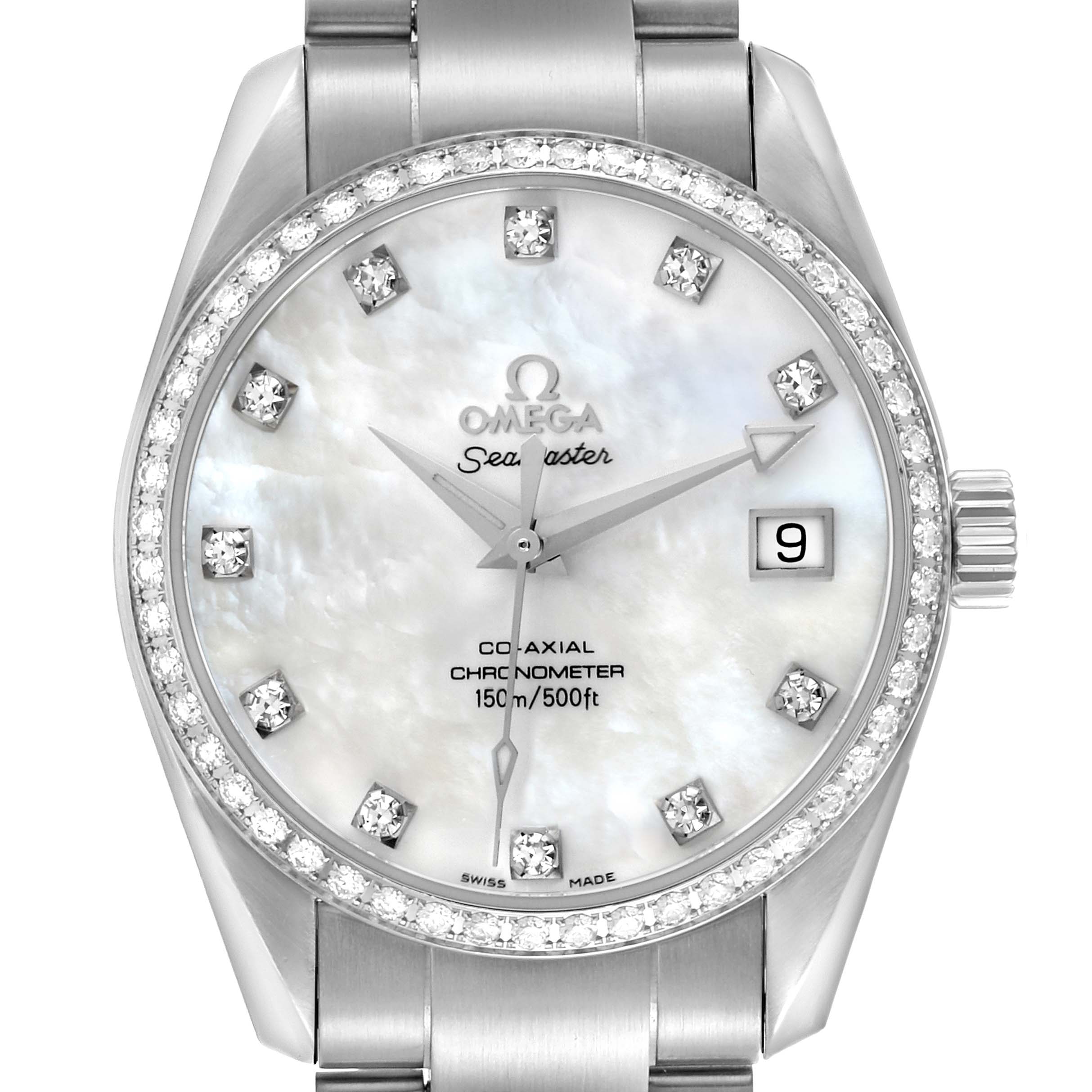 The Omega 2509.75.00 Women's Stainless Steel Mother of Pearl Dial 2509.75.00 Women's Stainless Steel Mother of Pearl Dial Aqua Terra 36 Steel Mother Of Pearl Diamond Ladies Watch 2509.75.00 is shown from the front, highlighting its face and bezel.