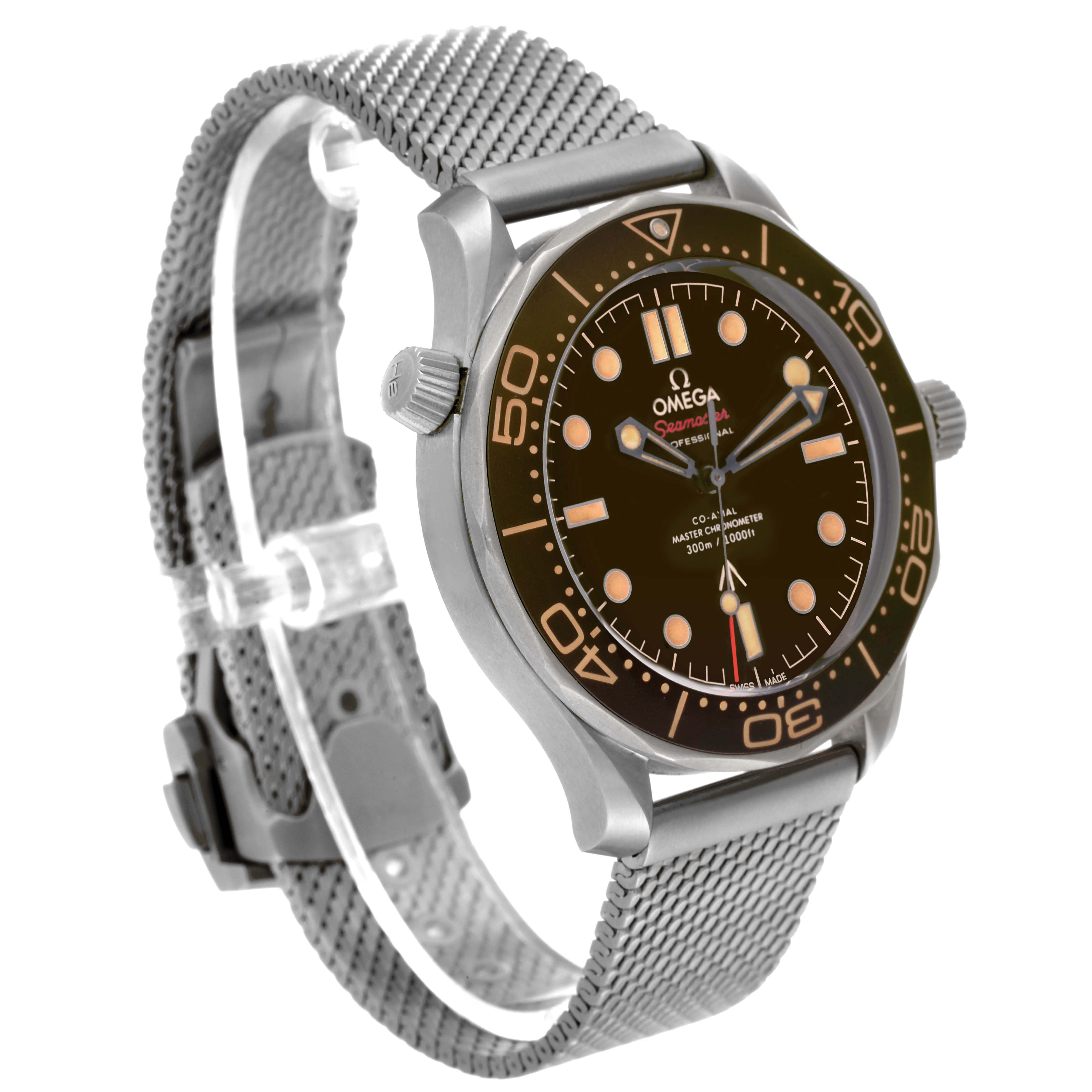 The Omega Seamaster 210.90.42.20.01.001 Men's Titanium Brown Dial 210.90.42.20.01.001 Men's Titanium Brown Dial watch is shown at a three-quarter angle, highlighting the dial, bezel, crown, and strap.