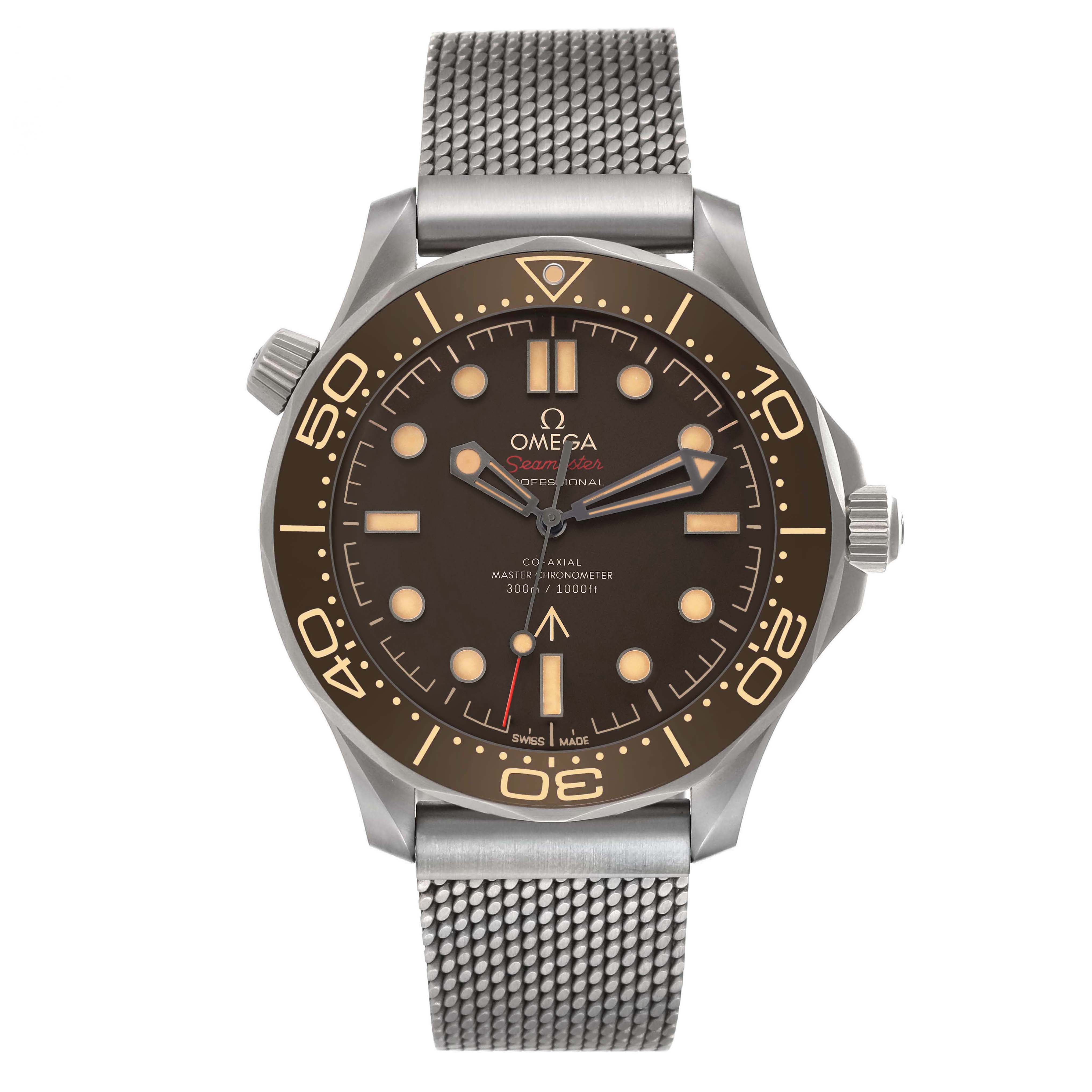 The Omega Seamaster 210.90.42.20.01.001 Men's Titanium Brown Dial 210.90.42.20.01.001 Men's Titanium Brown Dial watch is shown from a top-down angle, displaying the dial, bezel, and mesh bracelet.
