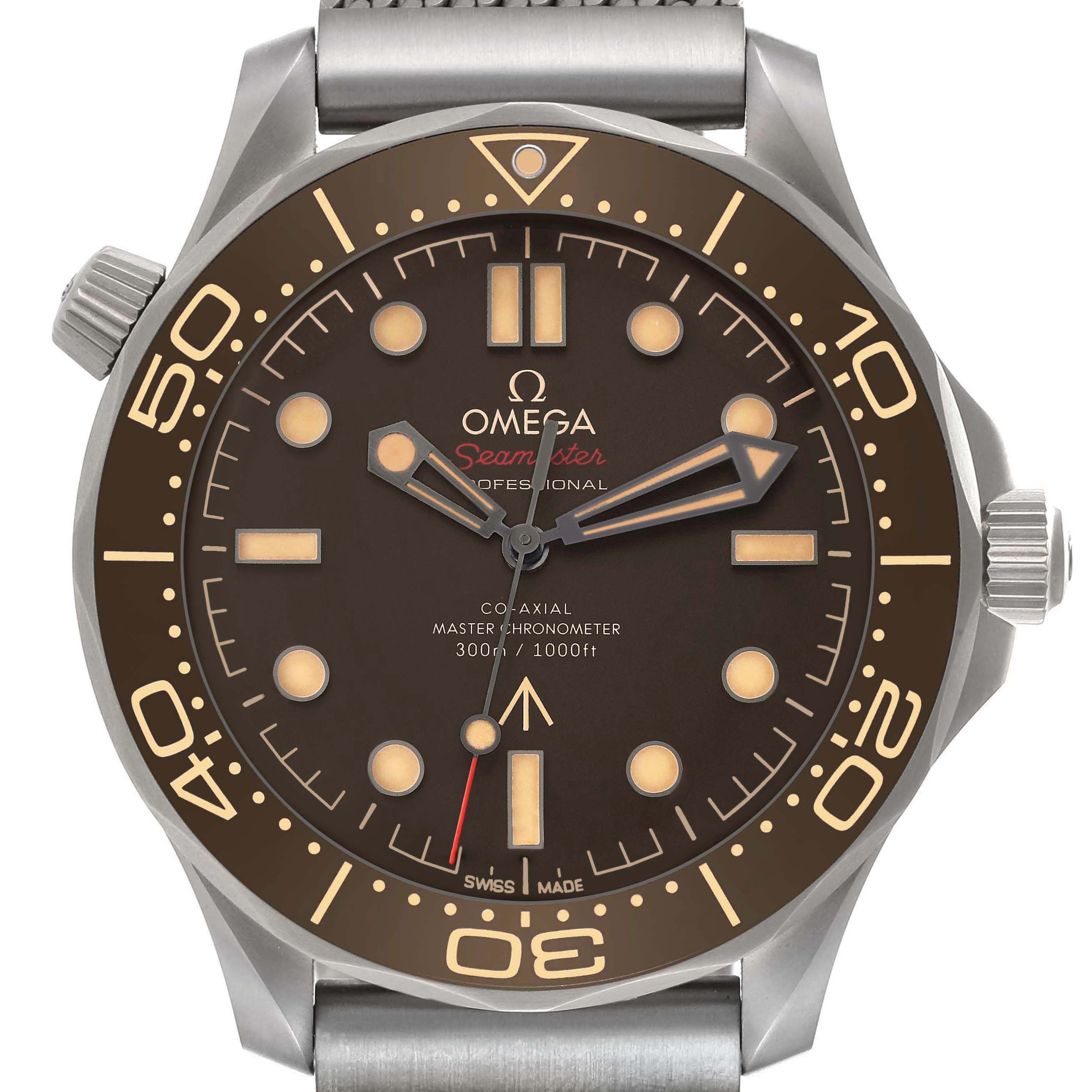 The Omega Seamaster 210.90.42.20.01.001 Men's Titanium Brown Dial 210.90.42.20.01.001 Men's Titanium Brown Dial watch is shown from a front view, highlighting the bezel, dial, hands, and crown.