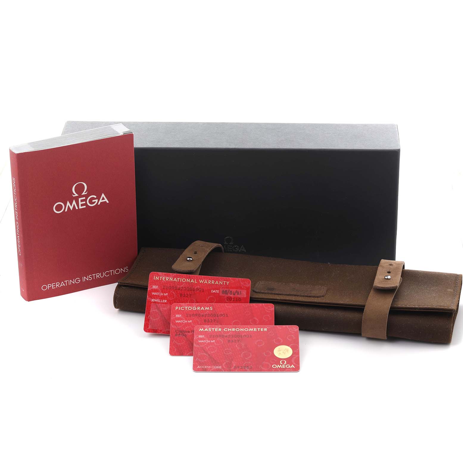 The image shows an Omega Seamaster 210.90.42.20.01.001 Men's Titanium Brown Dial 210.90.42.20.01.001 Men's Titanium Brown Dial box, operating instructions, warranty cards, and a leather roll, all viewed from the front.