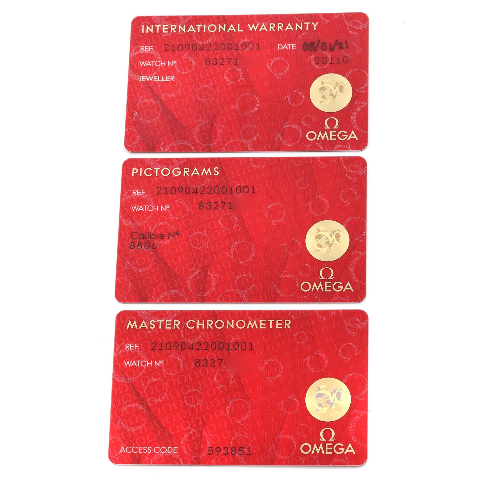 The image shows three Omega Seamaster 210.90.42.20.01.001 Men's Titanium Brown Dial 210.90.42.20.01.001 Men's Titanium Brown Dial cards: International Warranty, Pictograms, and Master Chronometer, all viewed from above.