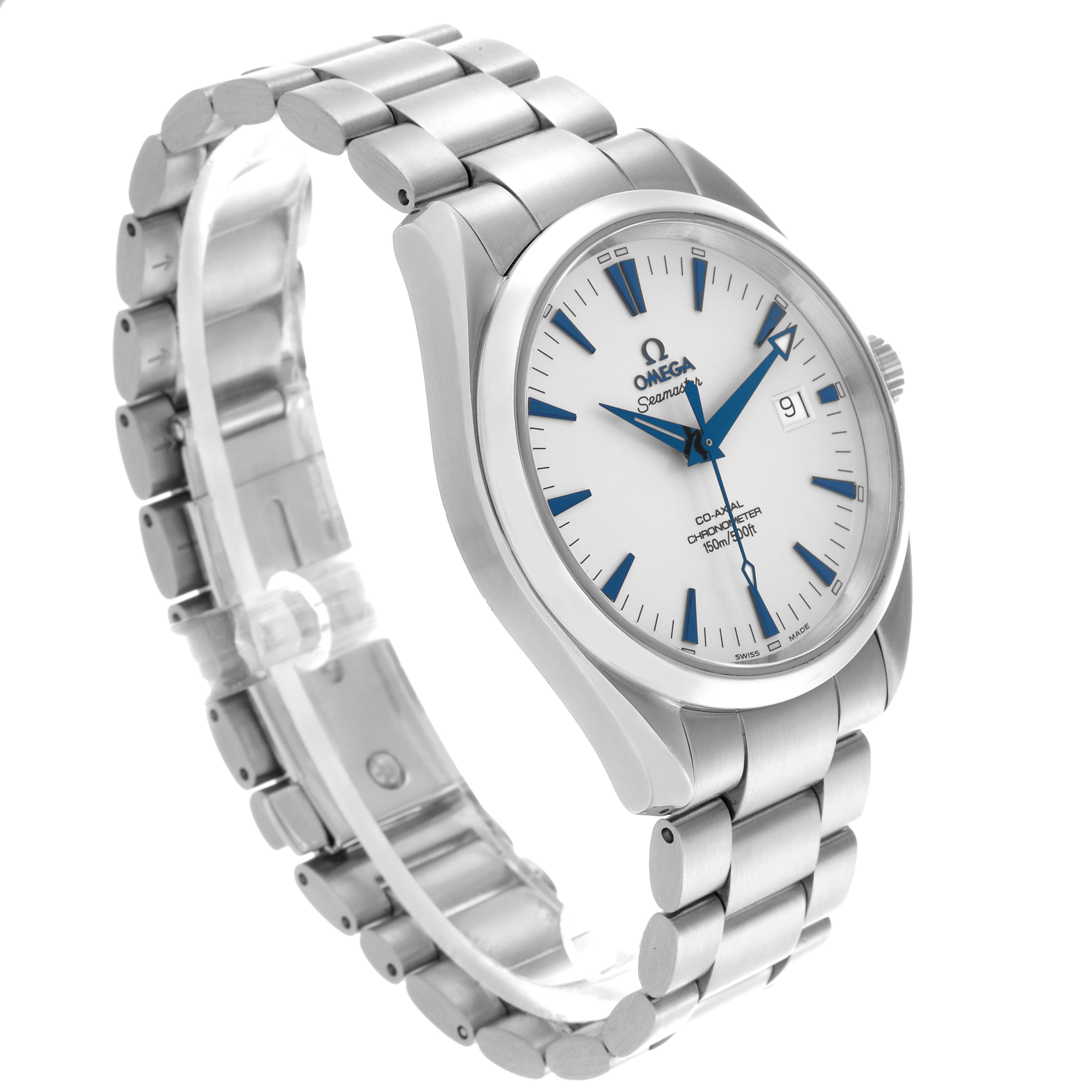 The Omega Aqua Terra 2503.33.00 Men's Stainless Steel Silver Dial 2503.33.00 Men's Stainless Steel Silver Dial watch is shown from a front-left angle, highlighting its dial, bezel, and bracelet.