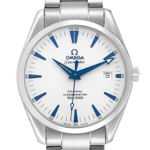 The Omega Aqua Terra watch is shown from the front, displaying its dial, hands, crown, and part of the bracelet.