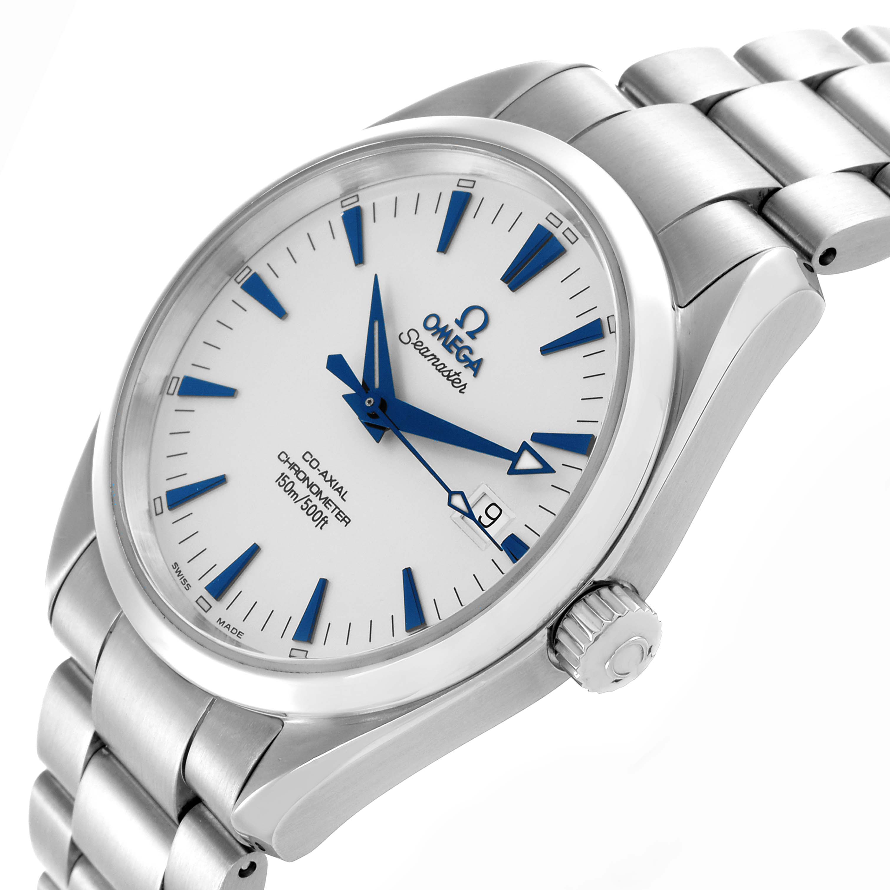 The Omega Aqua Terra 2503.33.00 Men's Stainless Steel Silver Dial 2503.33.00 Men's Stainless Steel Silver Dial watch is shown from a front angle, highlighting the dial, crown, and bracelet.