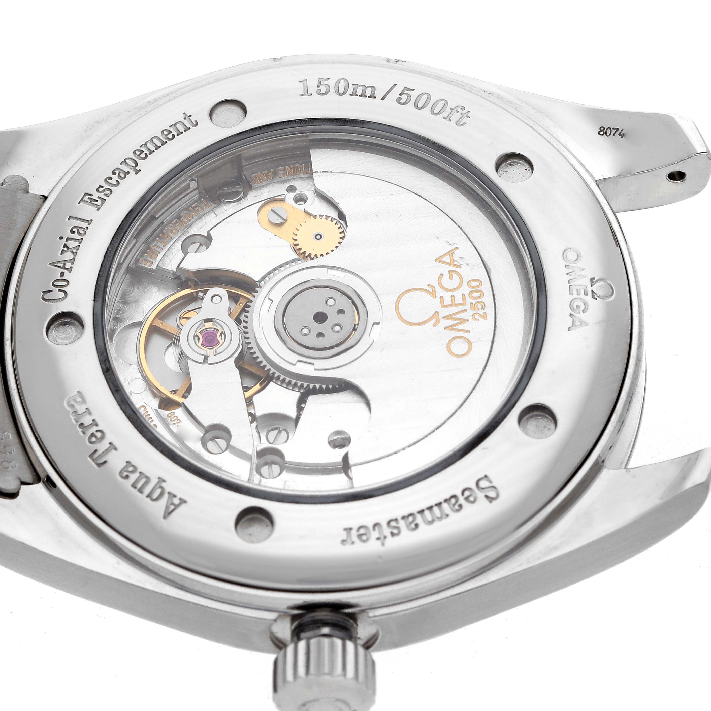 The image shows the back view of an Omega Aqua Terra 2503.33.00 Men's Stainless Steel Silver Dial 2503.33.00 Men's Stainless Steel Silver Dial watch, highlighting its movement and internal mechanics.